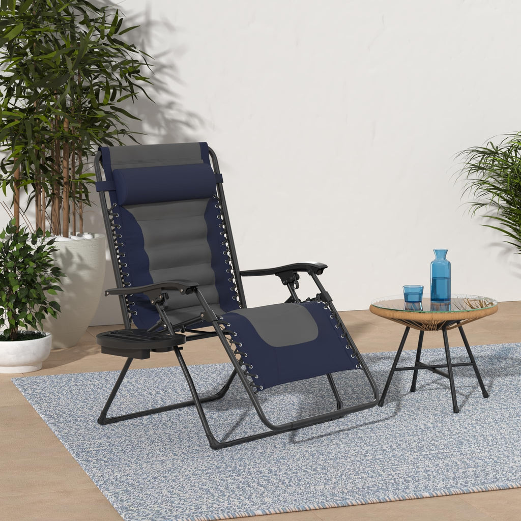 Best Choice Products Oversized Padded Zero Gravity Chair, Folding Outdoor Patio Recliner, Xl Anti Gravity Lounger For Backyard W/Headrest, Cup Holder, Side Tray, Polyester Mesh - Navy/Gray