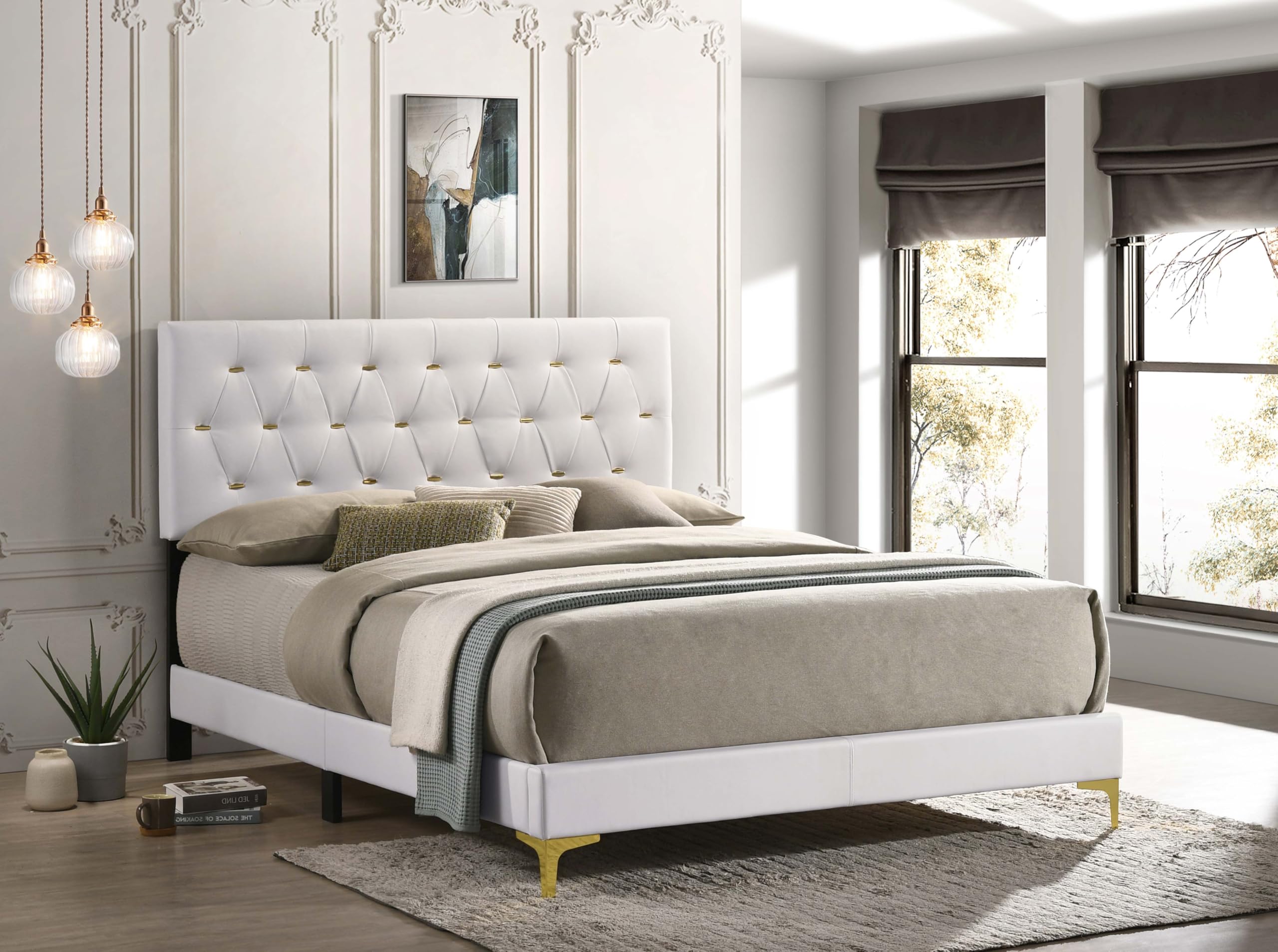 Coaster Home Furnishings Kendall 49-Inch Upholstered Bed Queen Size Modern Panel Bed Frame Velvet Upholstery Button Tufted with Gold Accents White 224401Q