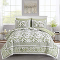 Dobuyly Floral Queen Comforter Set, 7 Piece Bed In A Bag Queen Size Green Flowers On White Botanical Bedding Set, Soft Microfibe