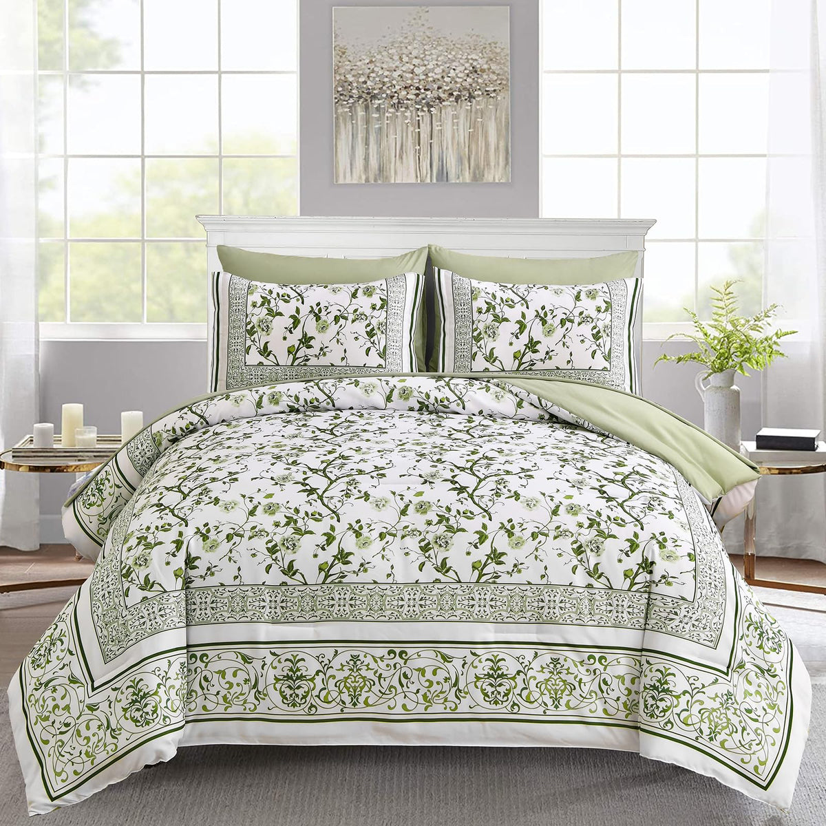 Dobuyly Floral Queen Comforter Set, 7 Piece Bed In A Bag Queen Size Green Flowers On White Botanical Bedding Set, Soft Microfibe