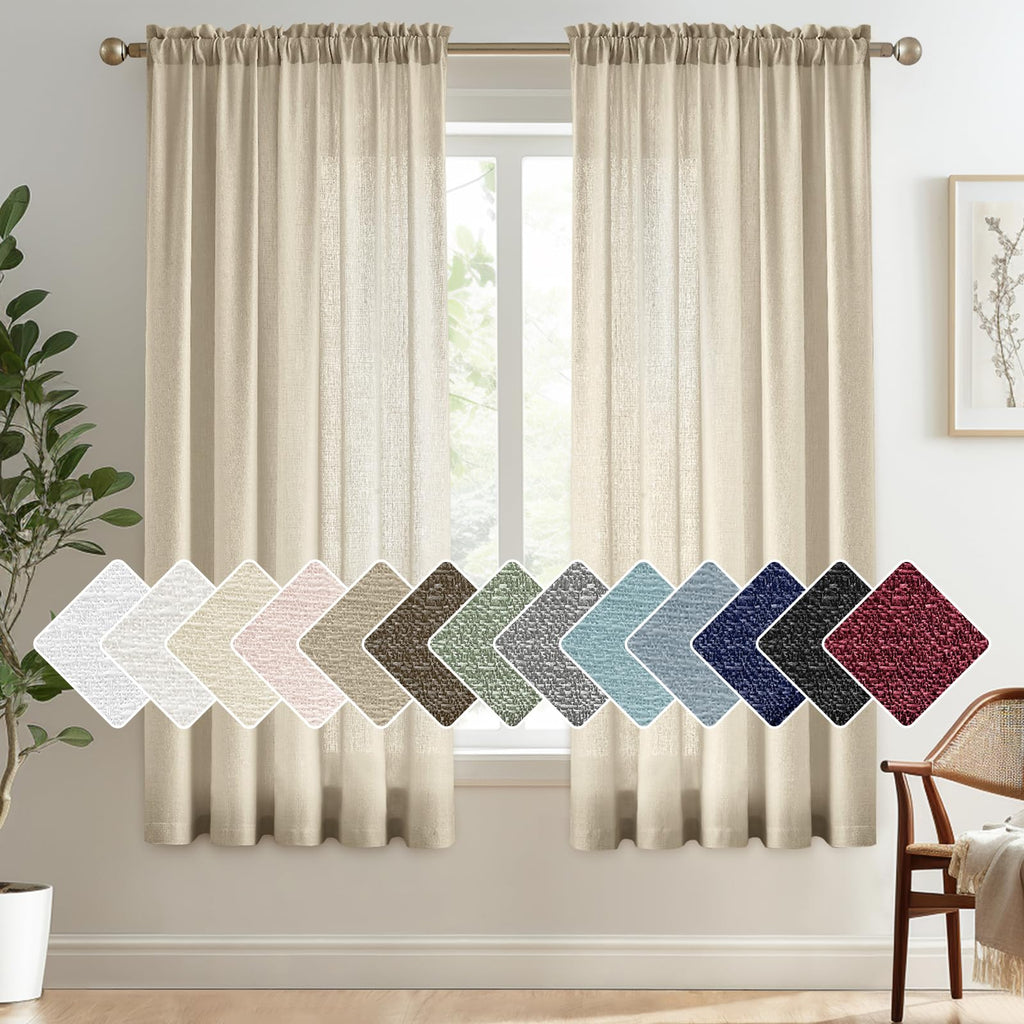 Melodieux Tan Semi Sheer Curtains 45 Inch Length for Bedroom Kitchen Small Windows, Linen Look Rod Pocket Privacy Sheer Drapes, 