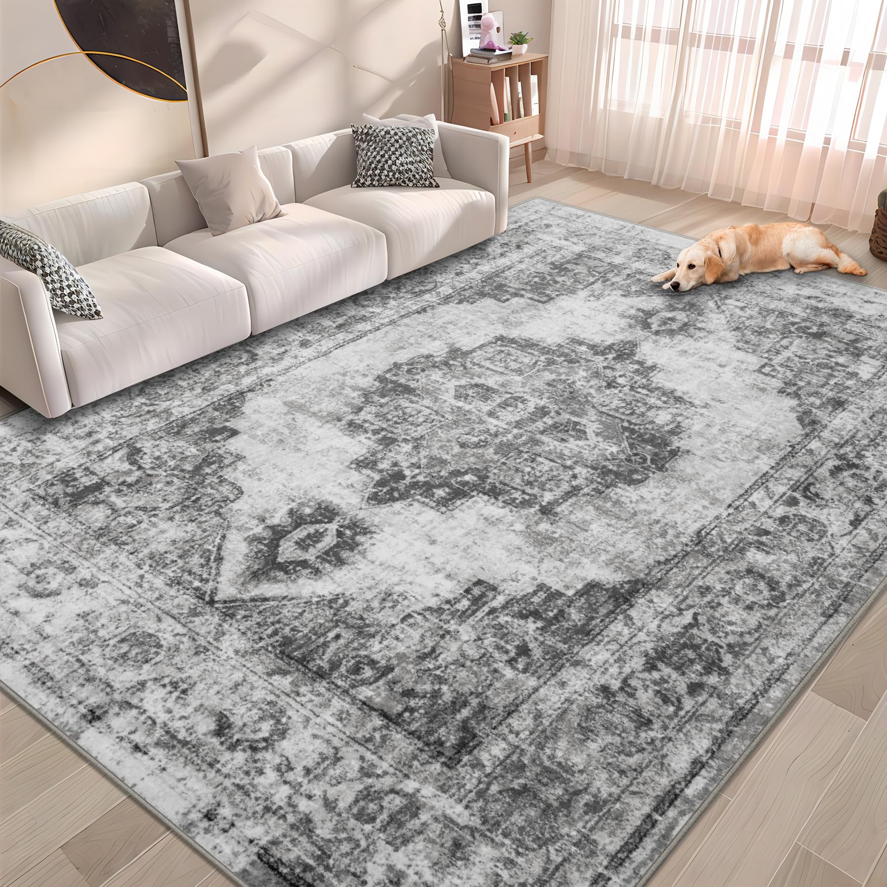 Area Rug 5x7 Vintage Rugs: Washable Indoor Medallion Rug Low Pile Distressed Floor Carpet Retro Accent Rugs for Living Room Bedr