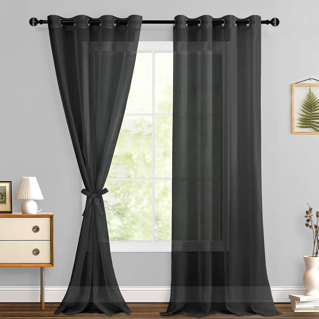 Hiasan Black Sheer Curtains For Bedroom With Tiebacks, Grommet Light Filtering And Breathable Voile Window Curtains For Living Room, Kids Room And Nursery, W52 X L90, Set Of 2 Panels