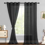 Hiasan Black Sheer Curtains For Bedroom With Tiebacks, Grommet Light Filtering And Breathable Voile Window Curtains For Living Room, Kids Room And Nursery, W52 X L90, Set Of 2 Panels