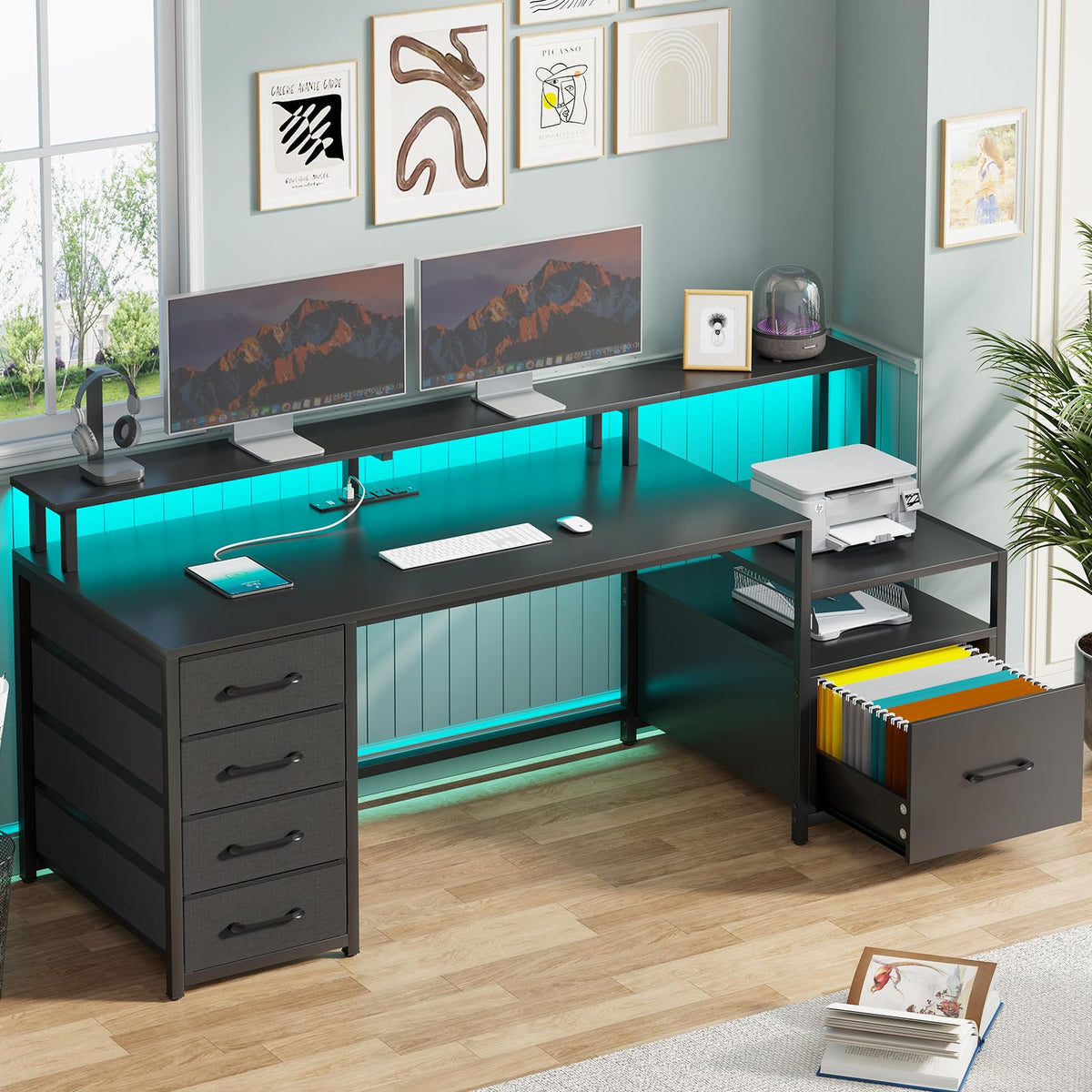 Sedeta Computer Desk With 5 Drawer, Power Outlet & Led Lights, 66'' Home Office Desk With File Drawer, Storage, Monitor Shelf, Gaming Desk, Black