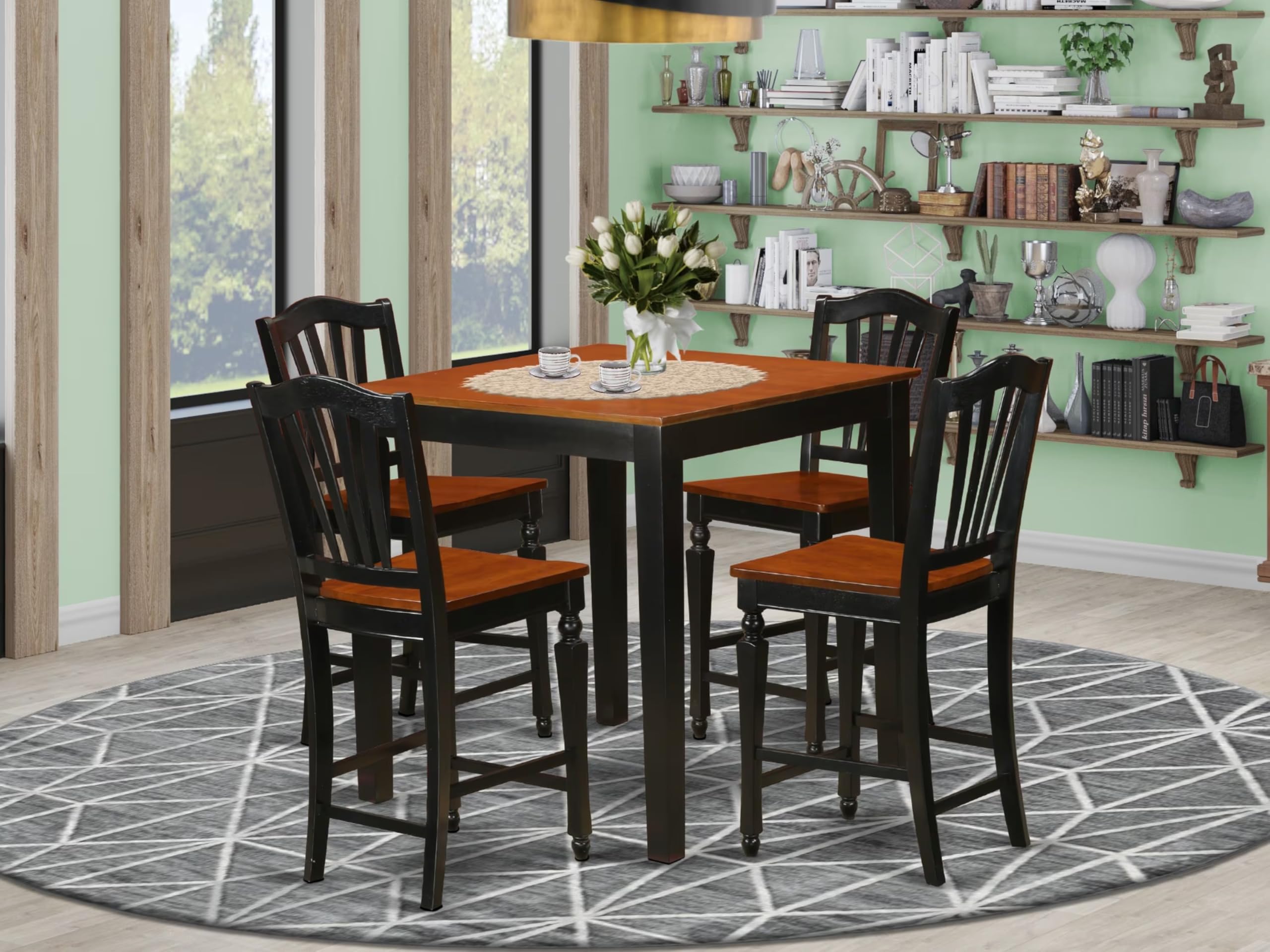 East West Furniture PBCH5-BLK-W 5 Piece Kitchen Counter Height Dining Table Set Includes a Square Dining Room Table and 4 Wooden Seat Chairs, 36x36 Inch, Black & Cherry