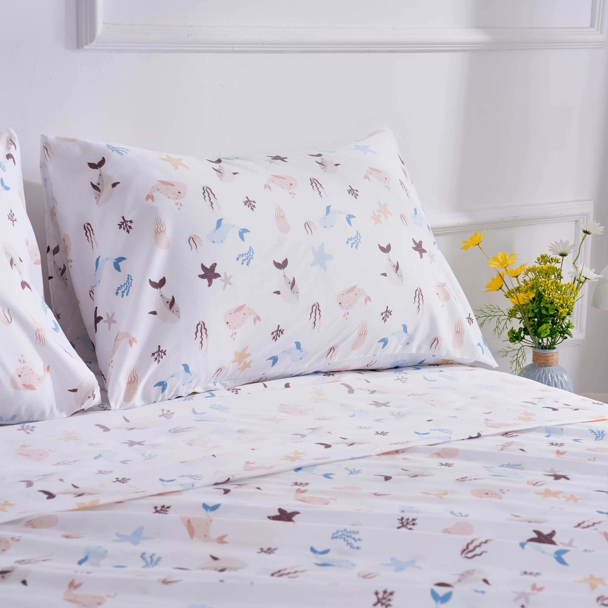 Sea Animal Full Sheets Fish Whale Underwater World Cute Cozy Fun Full Bed Sheet Set For Kids Girls Boys Children - Kids Bed Sheet Collection - Deep Pocket, Wrinkle Free And Soft Bedding - 4Pc