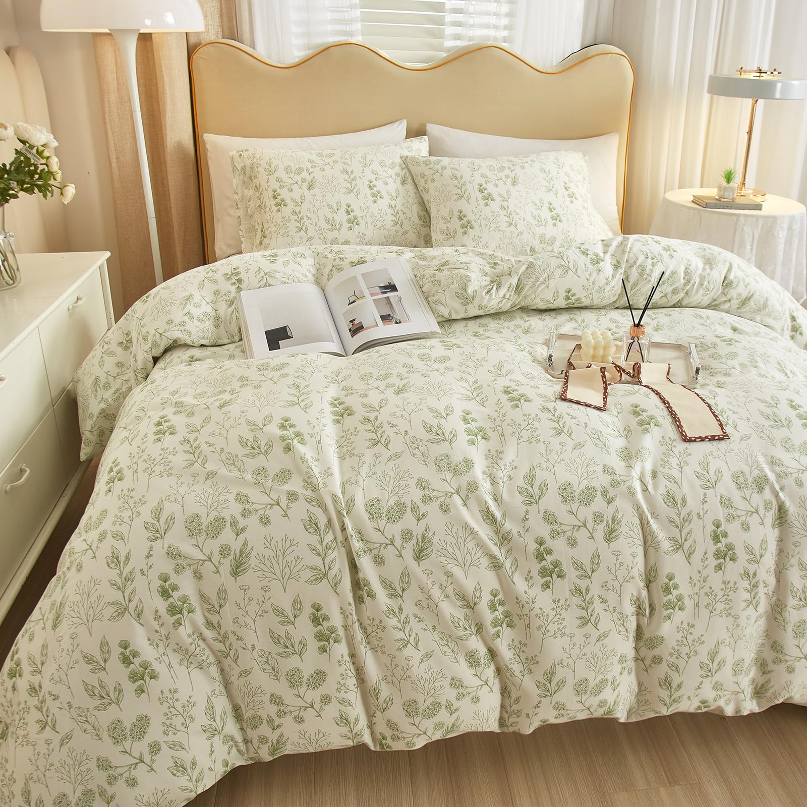 Highbuy 3 Pieces Duvet Cover Queen White Duvet Cover With Green Floral Print,Coquette Soft Cotton Comforter Cover Boho Style,Aes