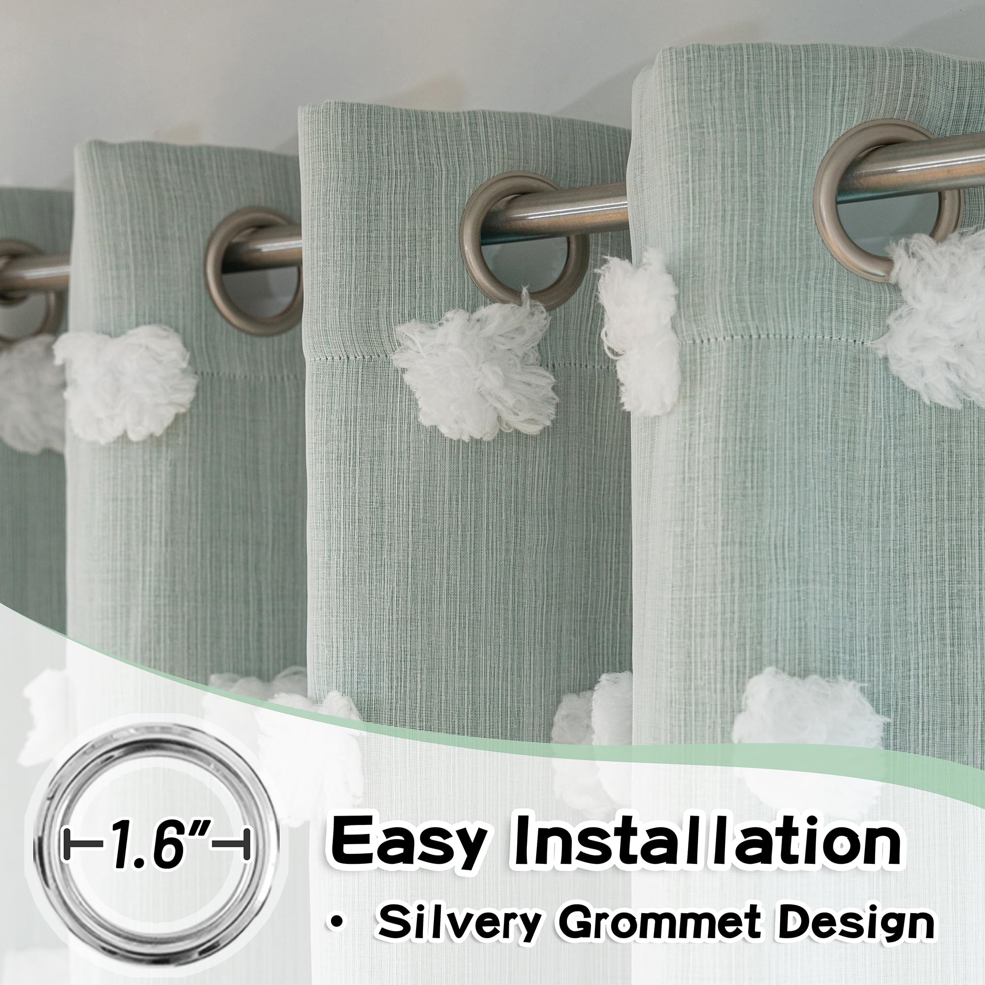 Mysky Home 90 Inches Long Aqua Curtains For Living Room Nursery Curtains For Bedroom Double Layer Curtains White Pom Pom Sheer Curtains For Dining Room Grommet Room Darkening Window Panels W52 X L90