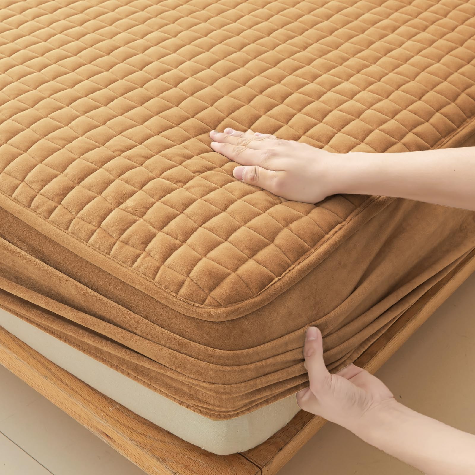 Lweipsqlin Quilted Flannel Fitted Sheets,Soft Flannel Fleece Mattress Top- Suitable For Fall And Winter,Fitted Deep Pocket Up To