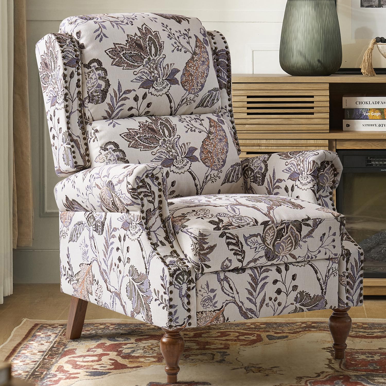 The Support You Need Pushback Recliner Chair, Upholstered Floral Fabric Wingback Chair, Single Sofa Accent Chair With Wood Legs