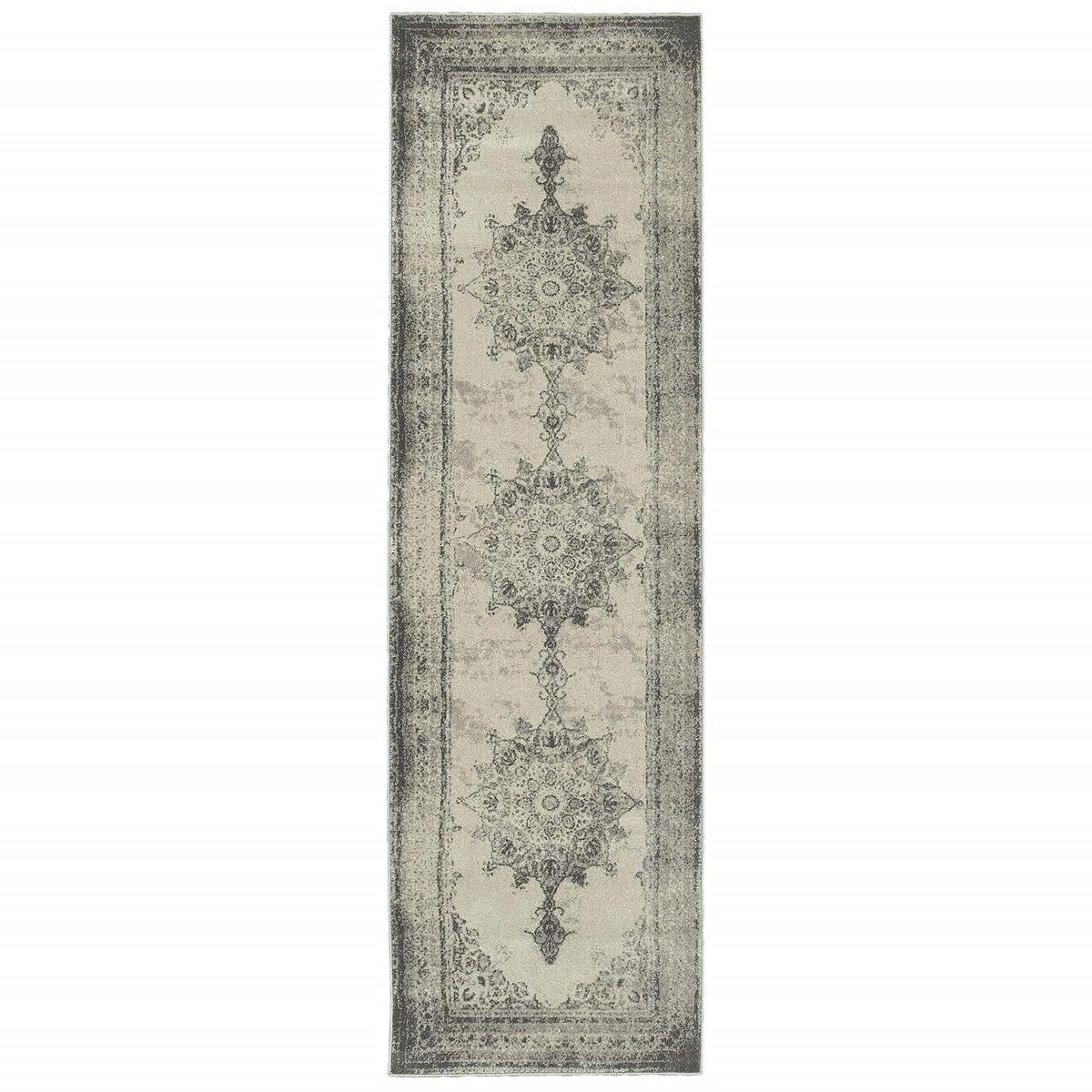 HomeRoots Polypropylene 2’x8’ Ivory and Gray Pale Medallion Runner Rug