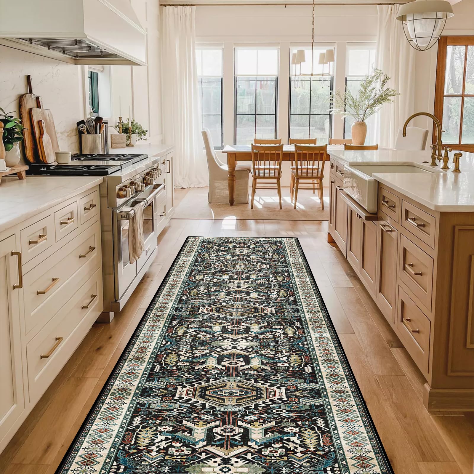 Washable Kitchen Runner Rug - 26x12 Hallway Rug Distressed Mats Non-Slip Soft Room Floor Carpet for Dining Room (Black, 26