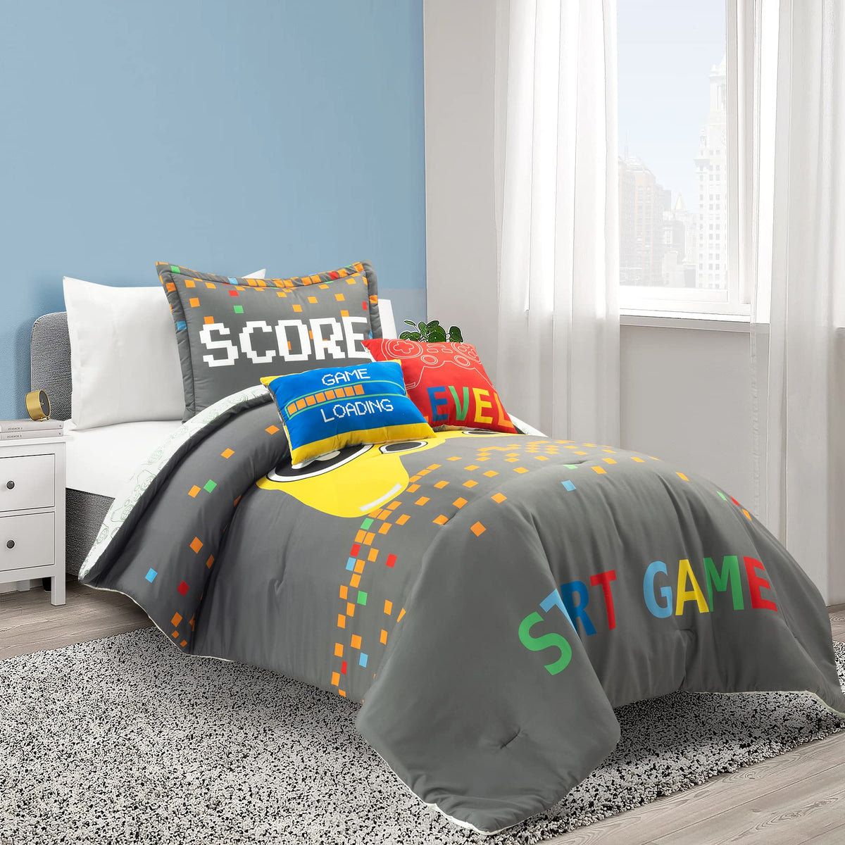 Lush Decor Video Games Reversible Oversized 4 Piece Comforter Set, Twin, Gray