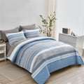 Kakijumn 7 Piece Bed In A Bag Stripe Comforter Set Full Size, White Grey Blue Striped Comforter And Sheet Set, All Season Soft M