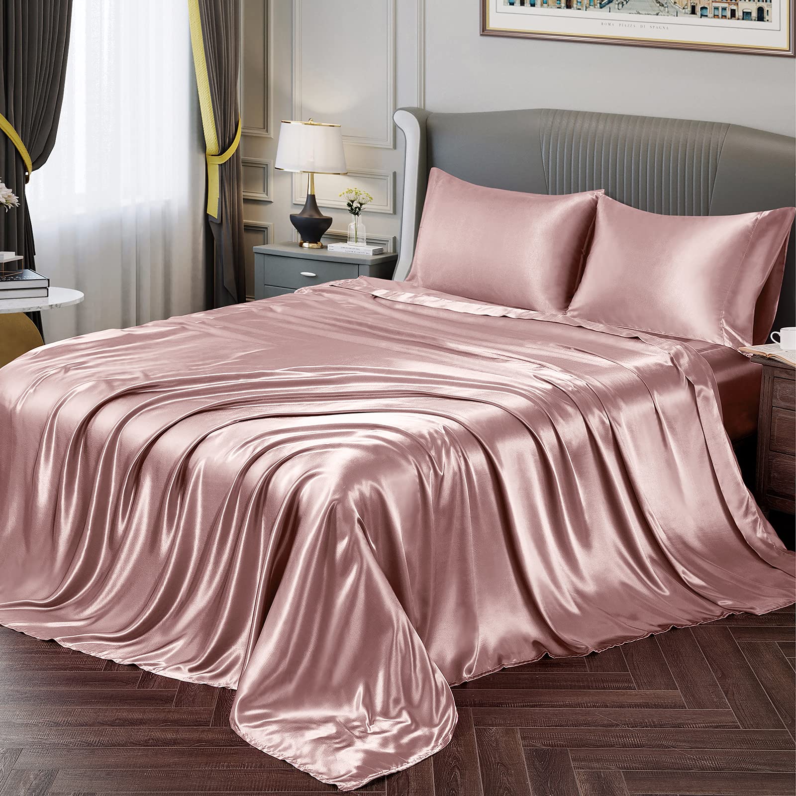 Vonty Satin Sheets Full Size Silky Soft Satin Bed Sheets Rose Gold Satin Sheet Set, 1 Deep Pocket Fitted Sheet + 1 Flat Sheet +