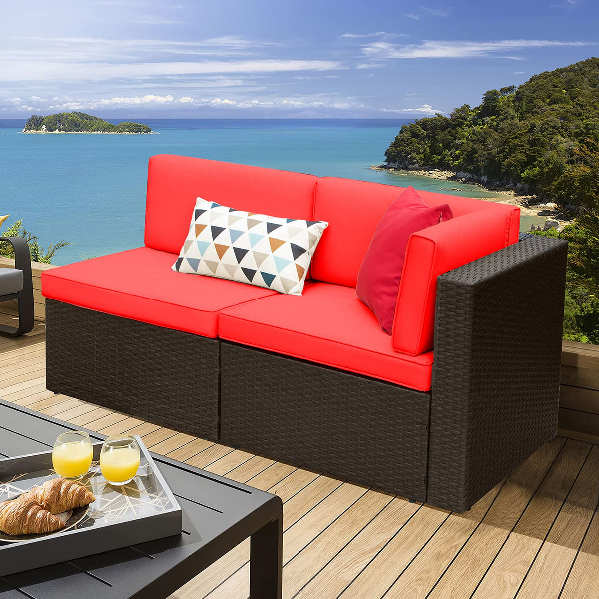 Devoko 2 Pieces Patio Furniture Sofa Sets Outdoor All-Weather Sectional Corner Sofa And Armless Sofa (Red)