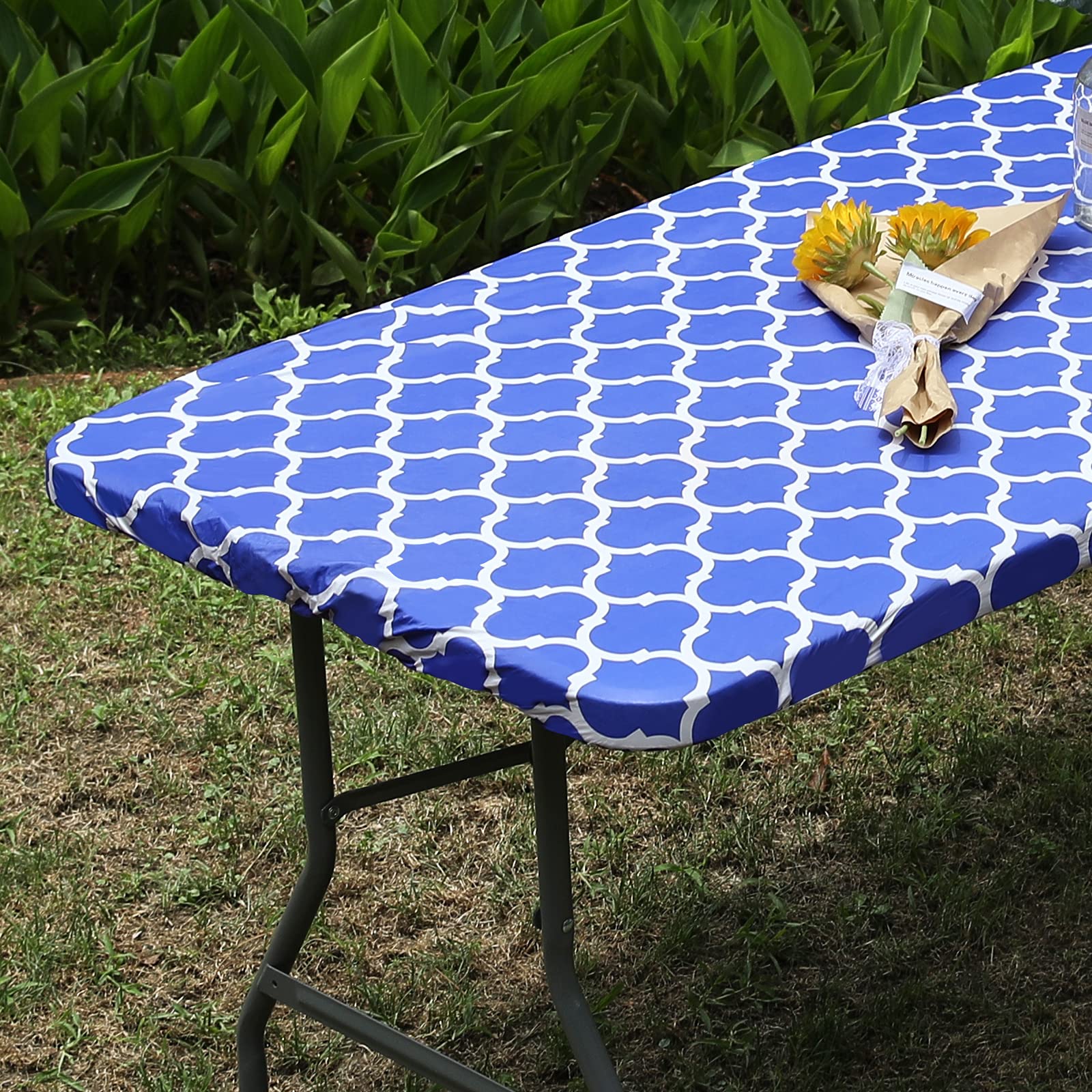 Smiry Rectangle Picnic Tablecloth, Waterproof Elastic Fitted Table Covers For 4 Foot Tables, Wipeable Flannel Backed Vinyl Table