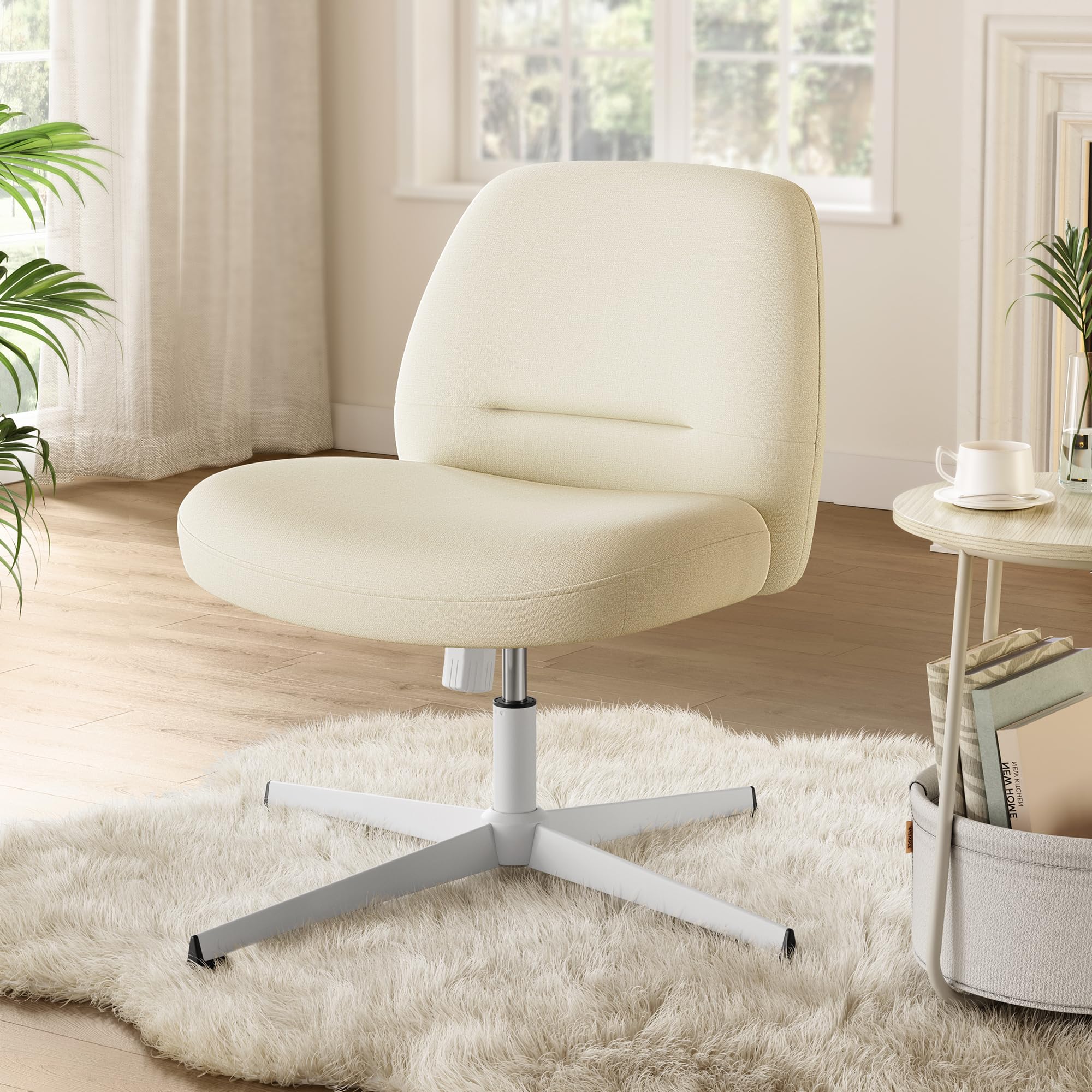 Songmics Home Criss Cross Chair No Wheels, Armless Wide Comfortable Cross Legged Office Desk Vanity Chair,Adjustable Swivel, For