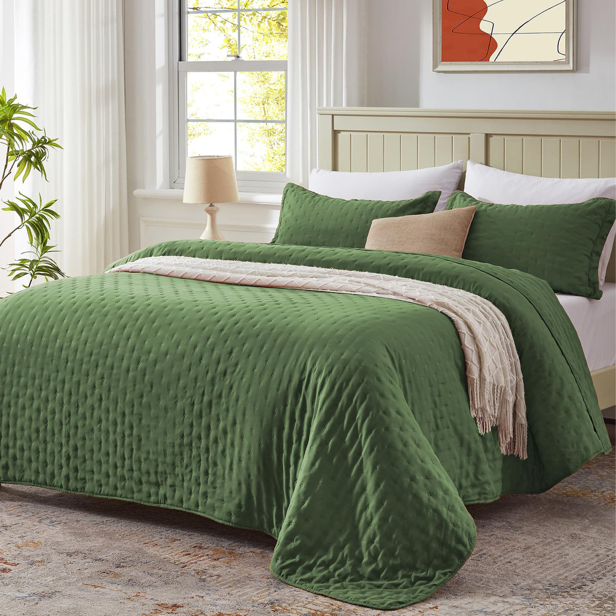 Leaonme California King Size Quilt Set 3 Pieces,Lightweight Olive Green Bedspread-118''X106'',Soft Microfiber Summer Quilt,Luxur