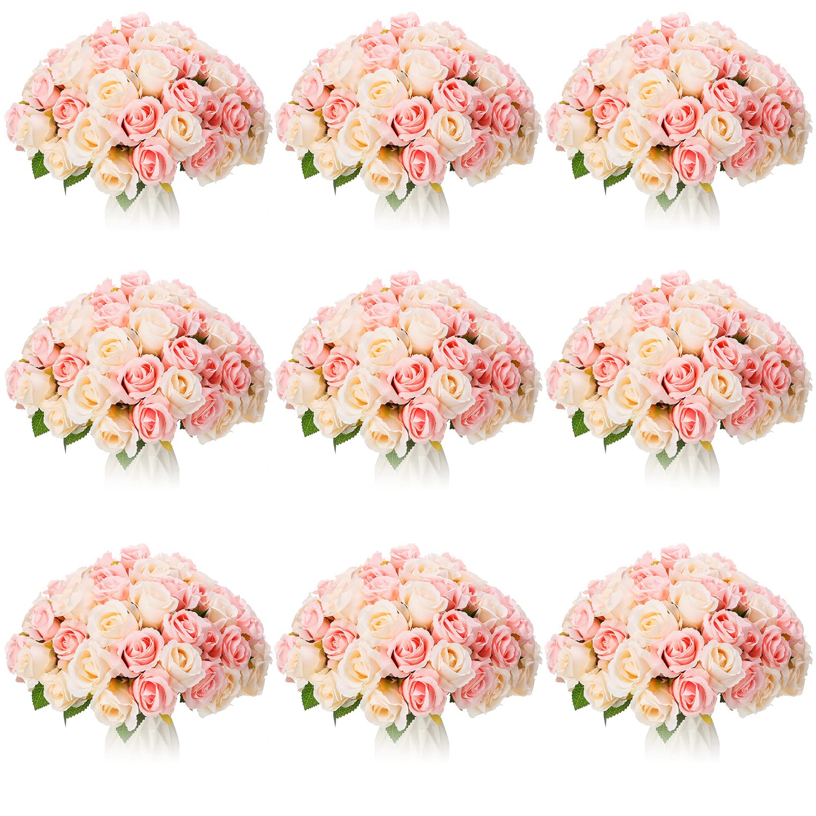 Jexine, 10 Bouquets Artificial Rose Flowers, 120 Pcs, Pink and White, Silk, DIY Bride, Home, Wedding Party Decorations