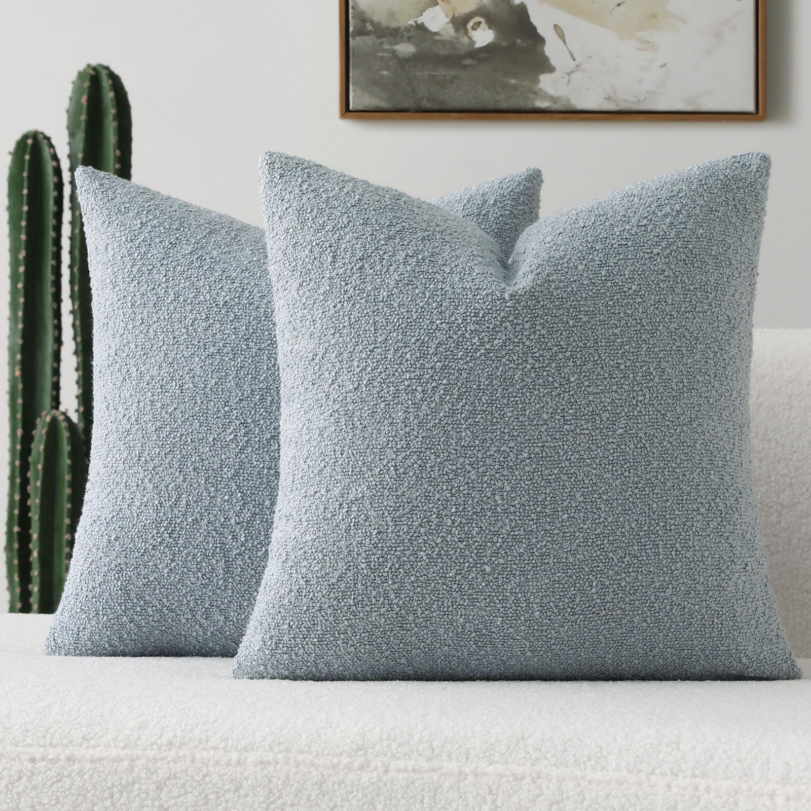 Futei Pack Of 2 Dusty Blue Boucle Accent Decorative Throw Pillow Covers,20X20 Inch Soft Solid Textured Cushion Case,Home Decor F