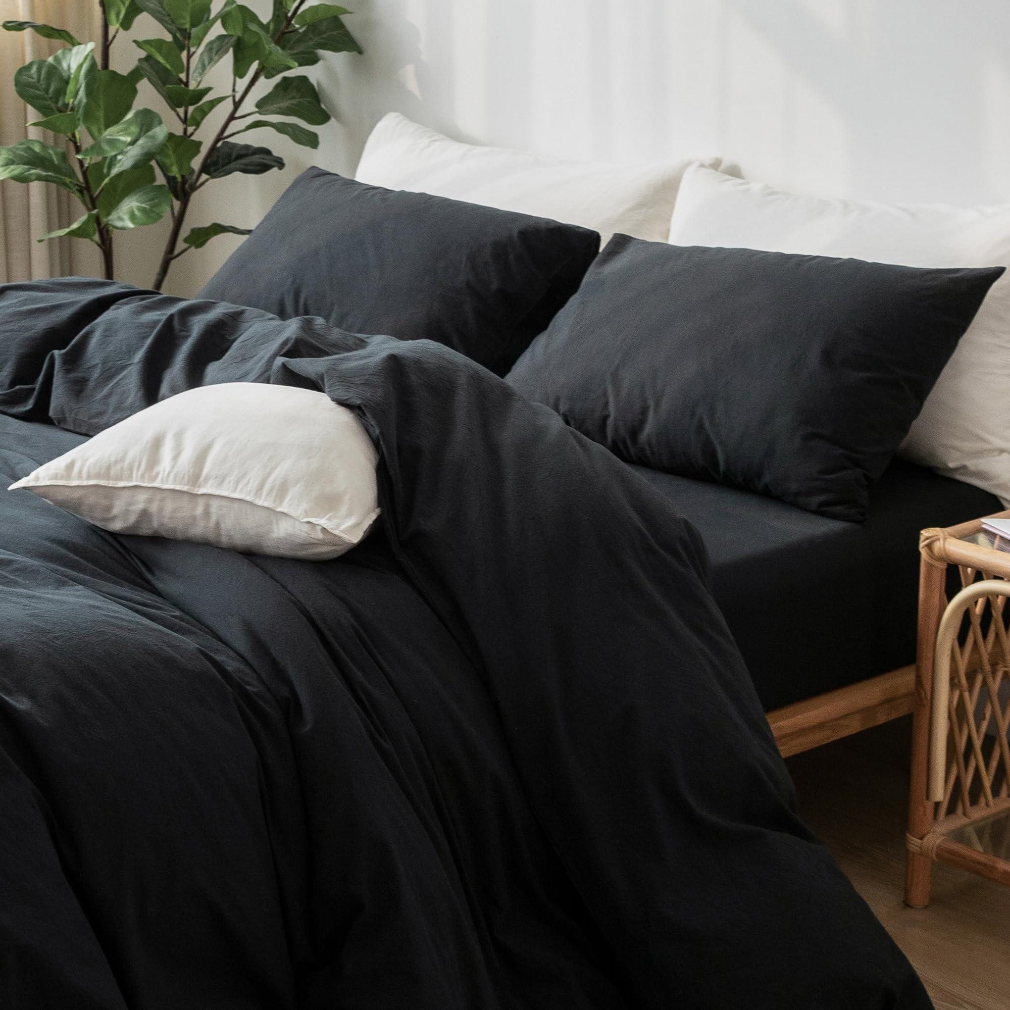 Moomee Bedding Pillowcases Pack Of 2 100% Washed Cotton Linen Like Textured Breathable Durable Soft Comfy (Black, King)