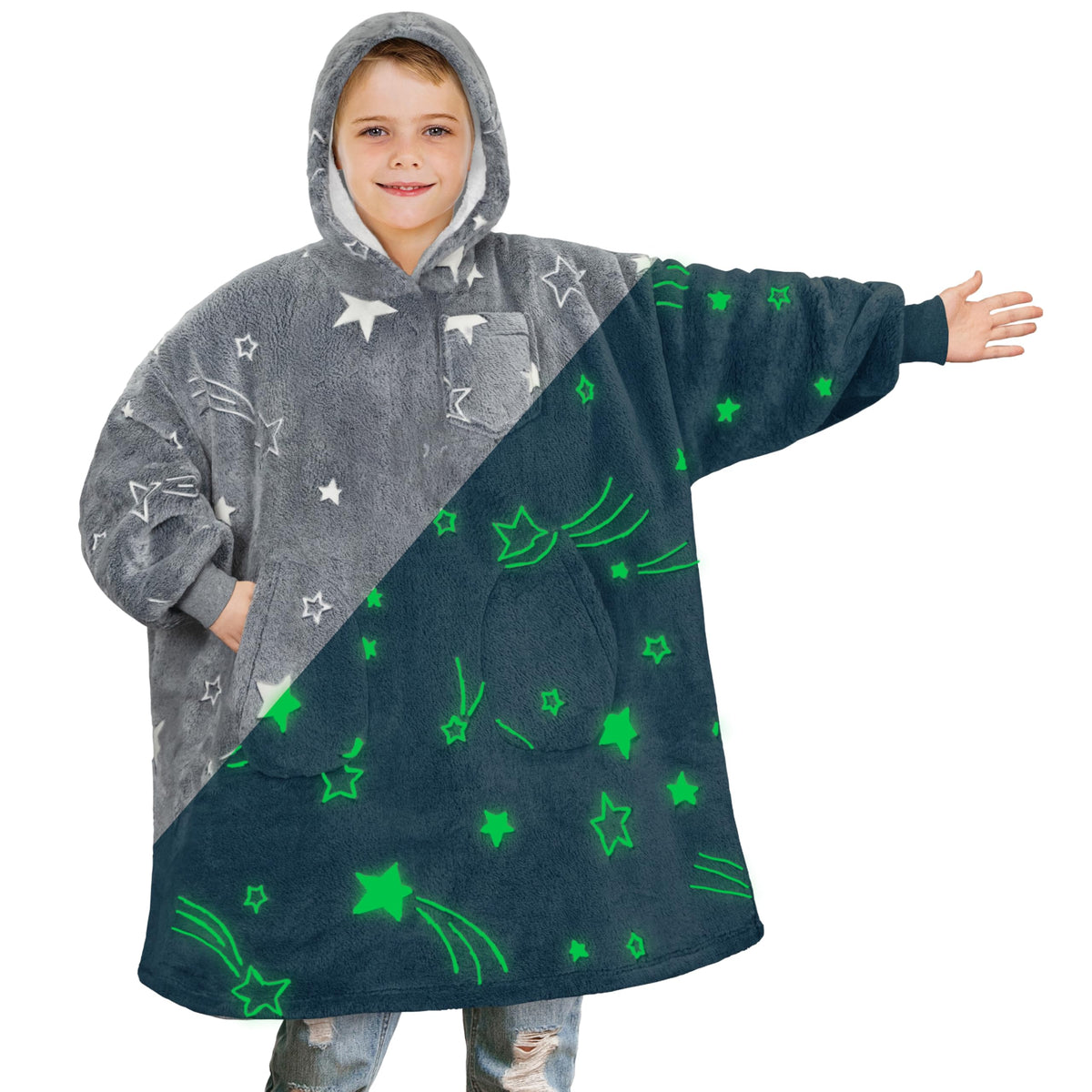Pavilia Wearable Blanket Sweatshirt For Kids Boy Girl Dark Grey Charcoal, Warm Cozy Giant Blanket Hoodie, Fleece Sherpa Oversize