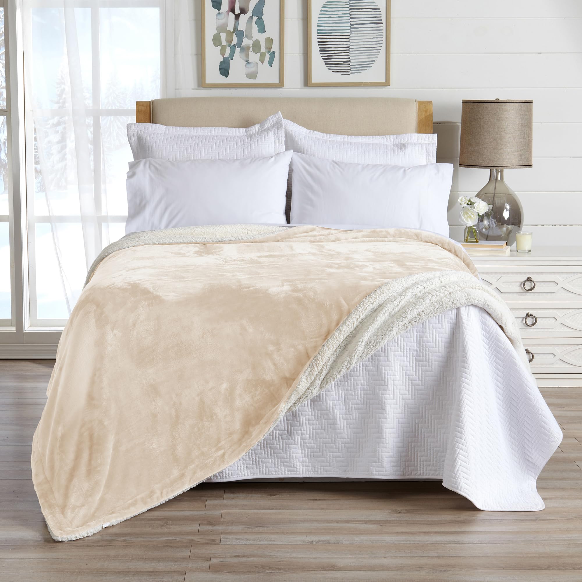 Sherpa Fleece And Velvet Plush King Throw Blanket Tan, Thick Blanket For Chair, Sofa, Or Bed. Warm, Reversible, Soft Fleece Thro
