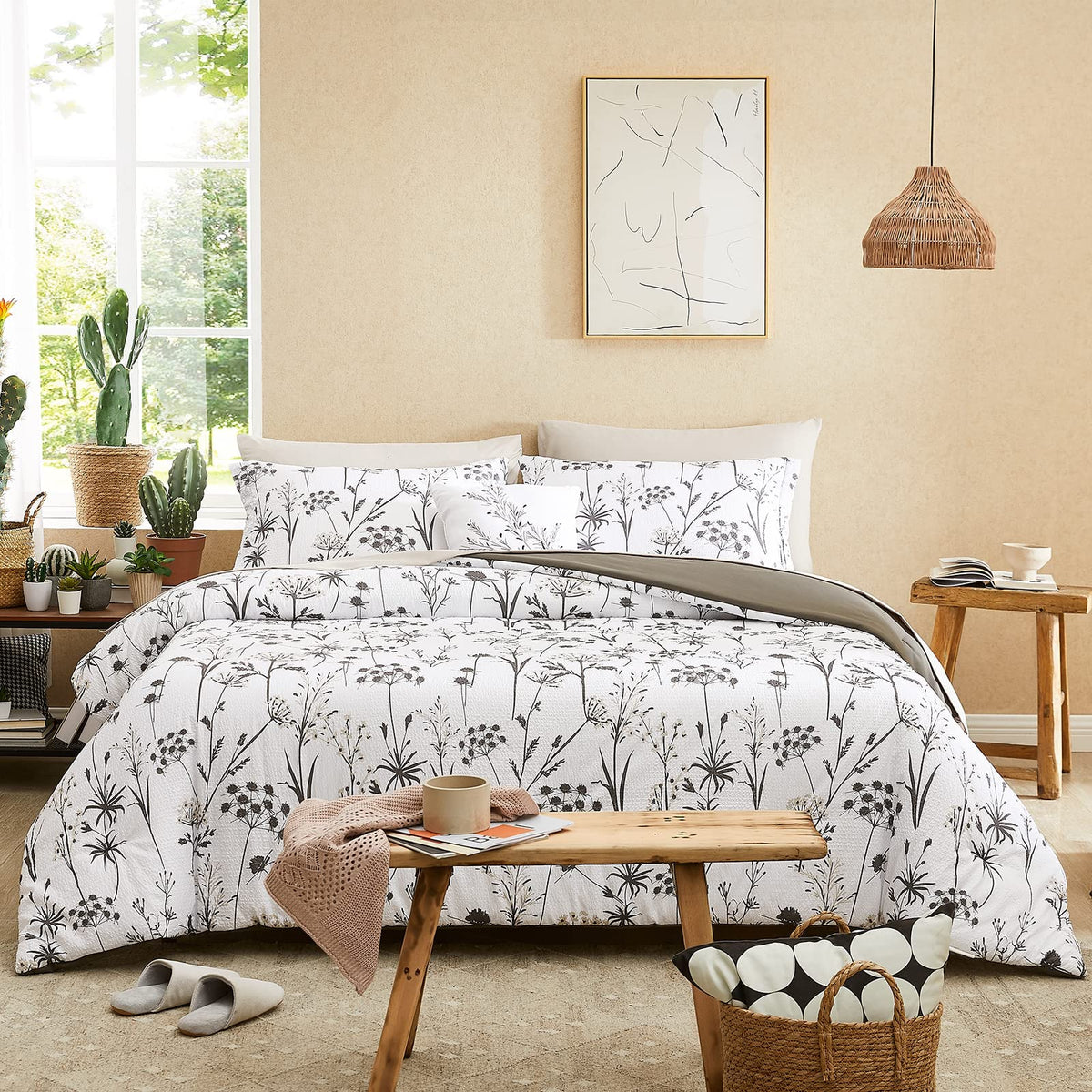Casaagusto King Comforter Set 8 Pcs White & Grey Dandelion Plant Comforter Set With Flowers Leaves Pattern Soft Seersucker Desig