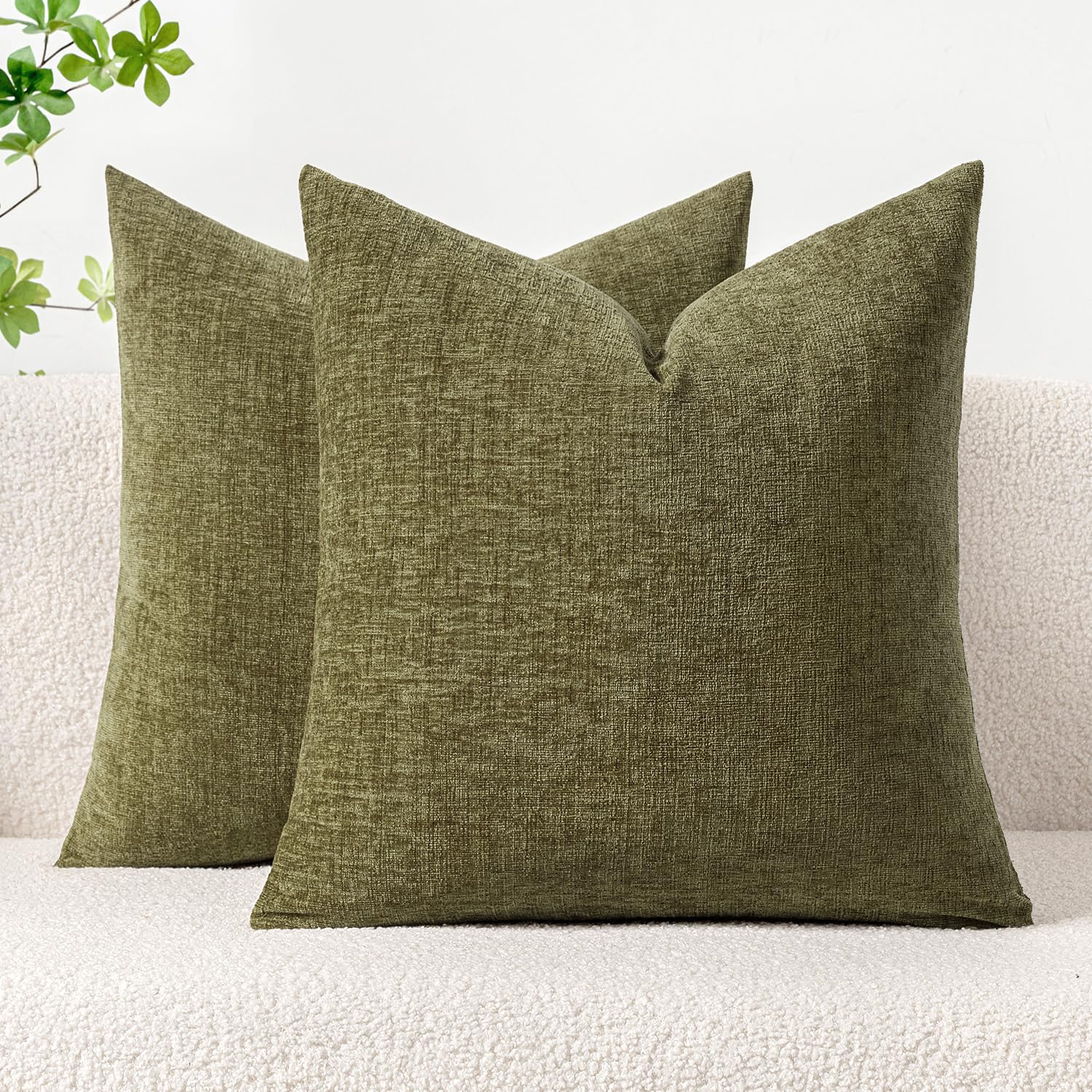 Miulee Pack Of 2 Couch Throw Pillow Covers 18X18 Inch Soft Olive Green Chenille Pillow Covers For Sofa Living Room Solid Dyed Pi