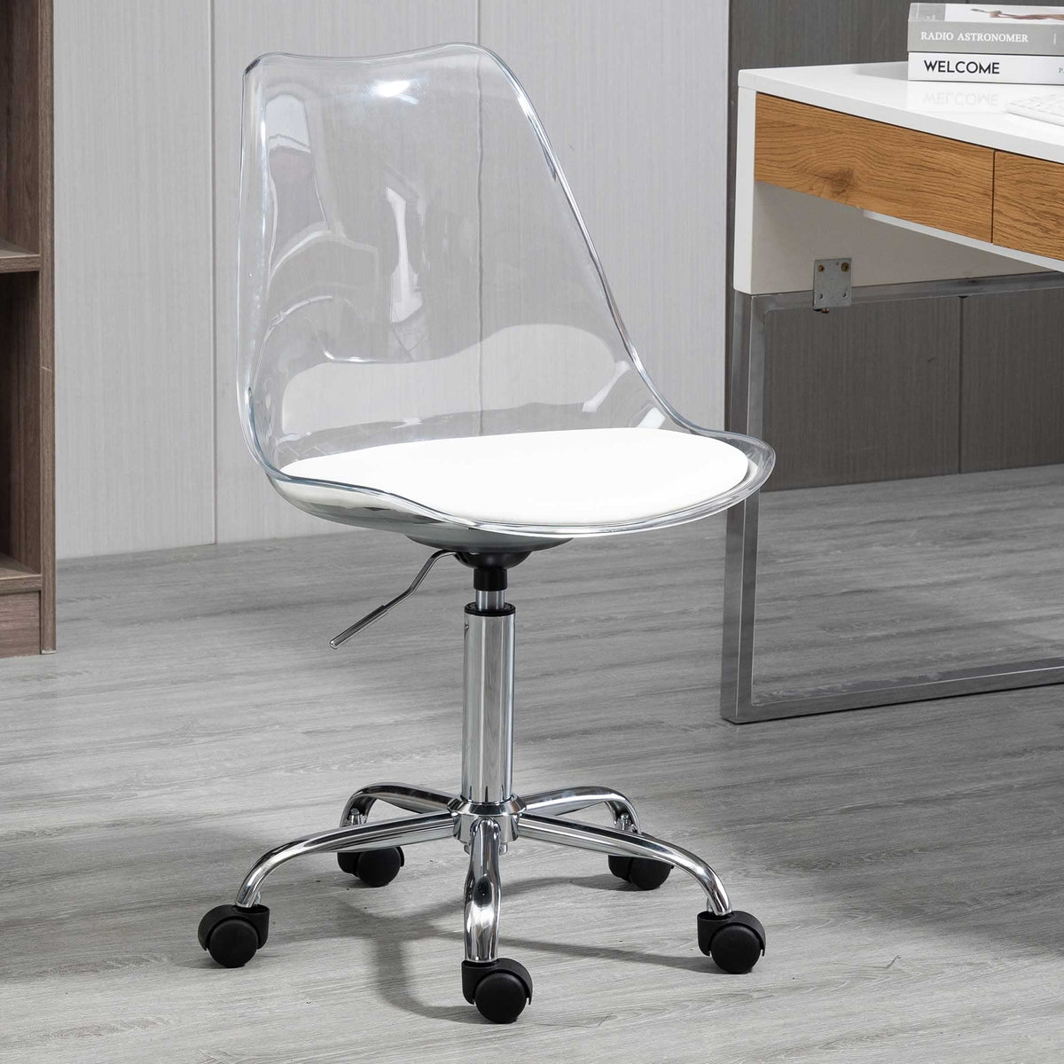 Villeston Acrylic Clear Desk Chair, Modern Small Cute Armless Vanity Rolling Plastic Chair Home Office Lucite Ghost Chairs Cushi