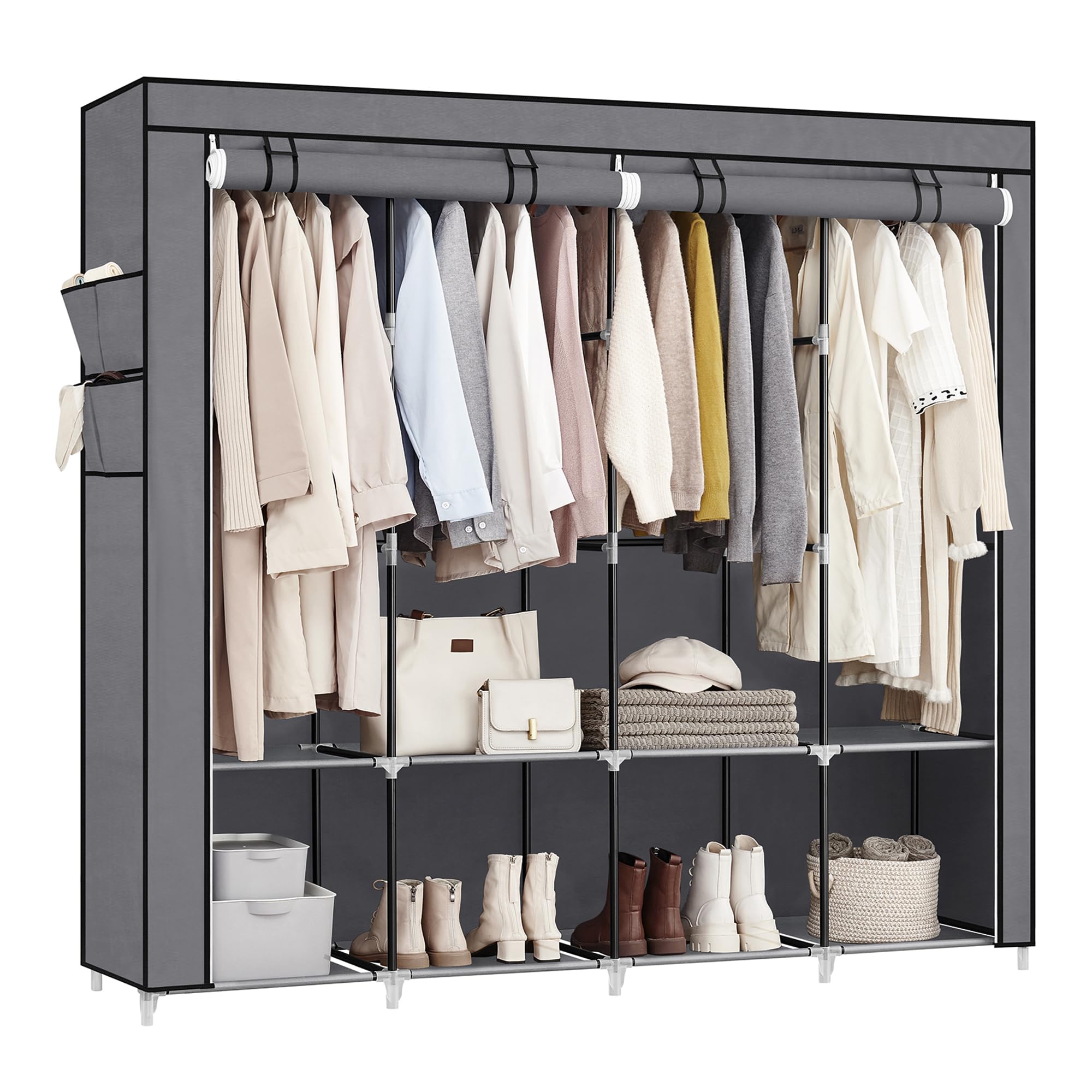 SONGMICS Portable Closet, Wardrobe Closet Organizer with Cover, 4 Hanging Rods and Shelves, 4 Side Pockets, 66.9 x 17.7 x 65.7 I