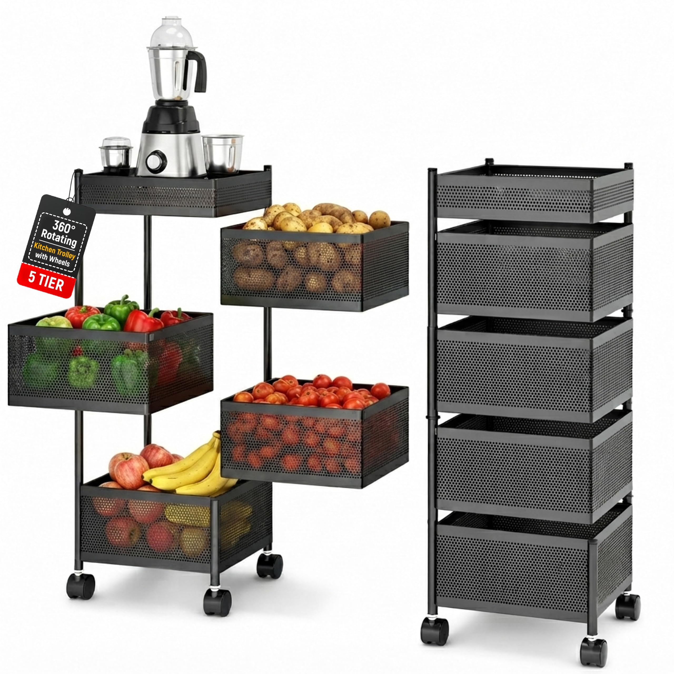Jd Fresh 5Tier Metal Rotating Kitchen Trolley With 360Degree Rotating Wheels/Spice Rack/Vegetable & Fruit Storage/Organizer Ho