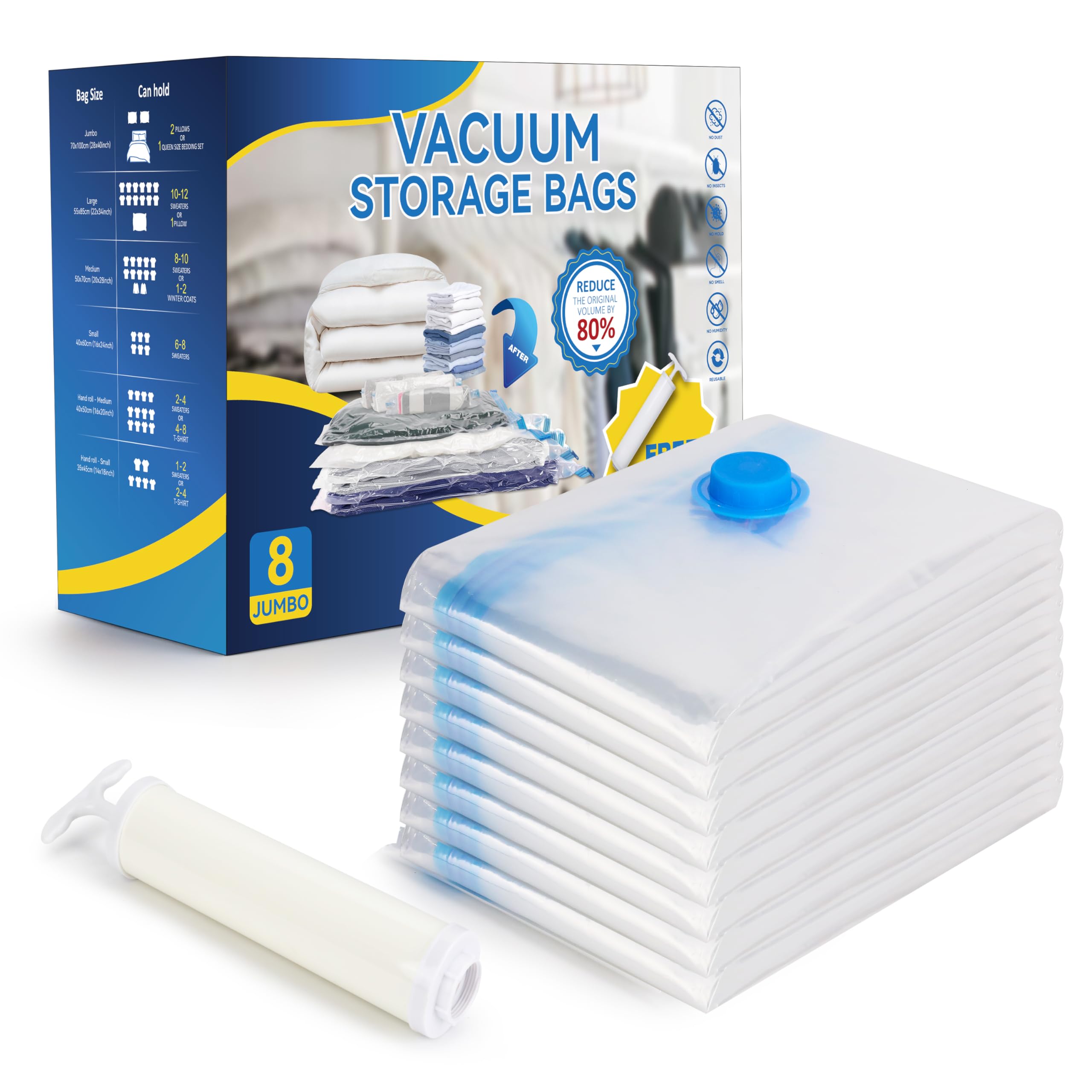 8 Jumbo Vacuum Storage Bags, Space Saver Bags, Vacuum Seal Bags with Hand Pump for Comforters, Blankets, Bedding, Pillows and Cl