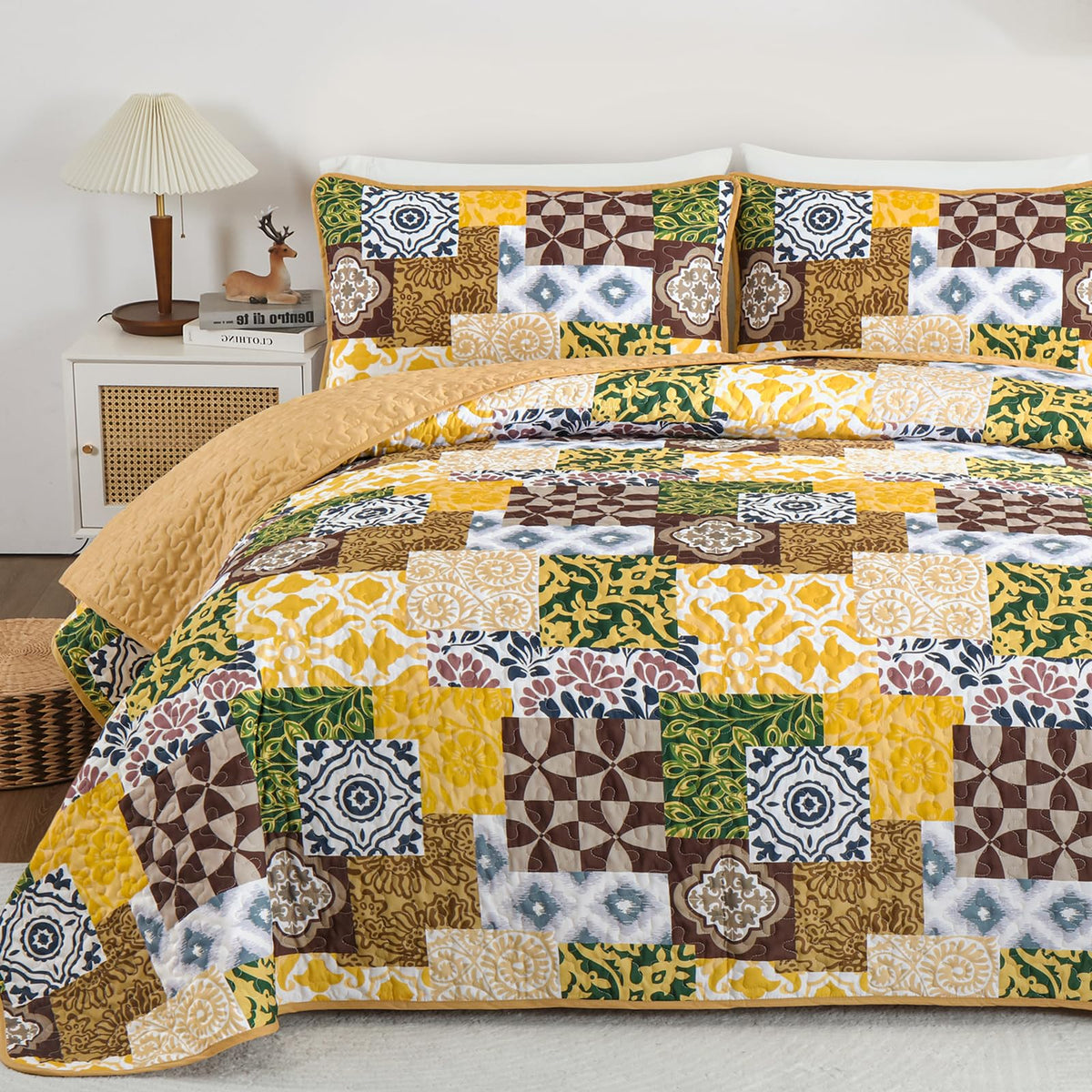 Mybedsoul Yellow Quilt Set Queen Size, 3 Pieces Patchwork Bedspread Set Geometric Plaid Bedspread Coverlet Set Soft Microfiber R