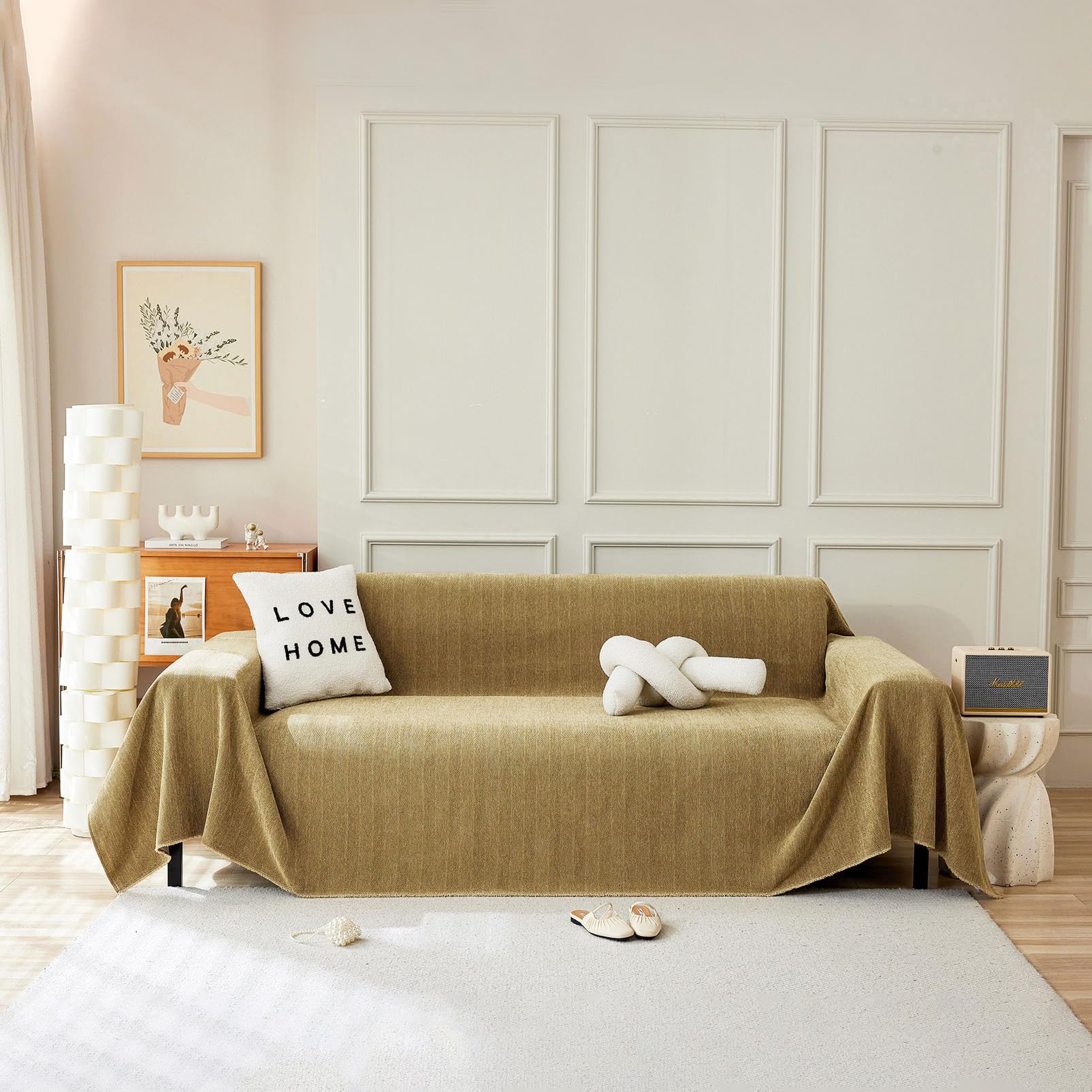 Handontime Couch Covers For Pets Boho Mustard Yellow Love Seat Couch Covers Brown Sofa Cover For Dogs Pet Couch Protector Chenille Tassel Sofa Slipcovers Sofa Throw Cover Boho Decor, 91' X118'