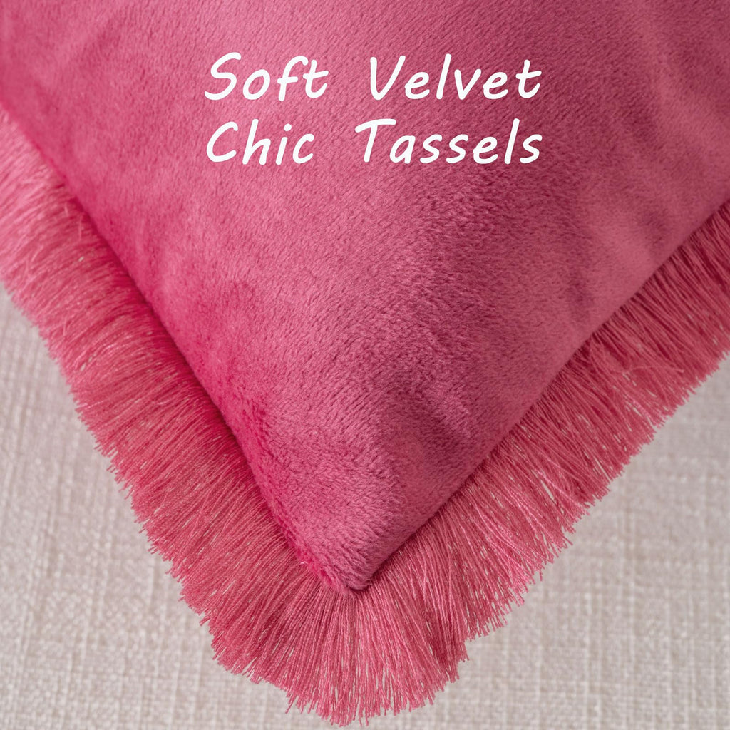 Futei Hot Pink Boho Throw Pillow Covers With Tassels 12X20 Inch Set Of 2,Soft Velvet Lumbar Pillow Cases,Home Decor For Couch Li