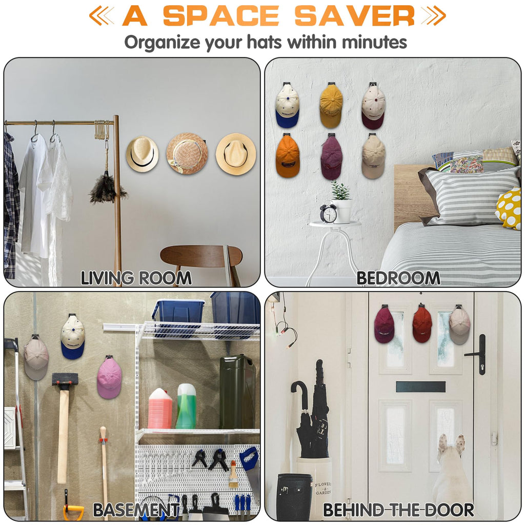 Qteeyou Adhesive Hat Hooks - 12PCS Black Hat Rack, No Drilling, Strong Hold, Minimalist Design, Wall Organizer for Caps