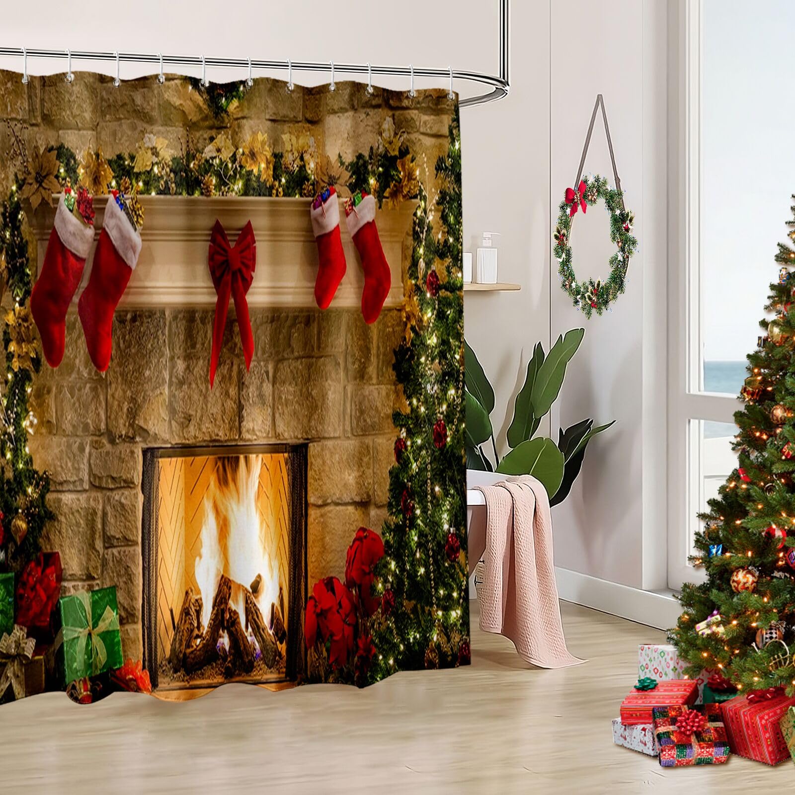 Broshan Fabric Christmas Shower Curtain, Red Christmas Shower Curtains For Bathroom, Winter Holiday Christmas Bathroom Decor, Xm