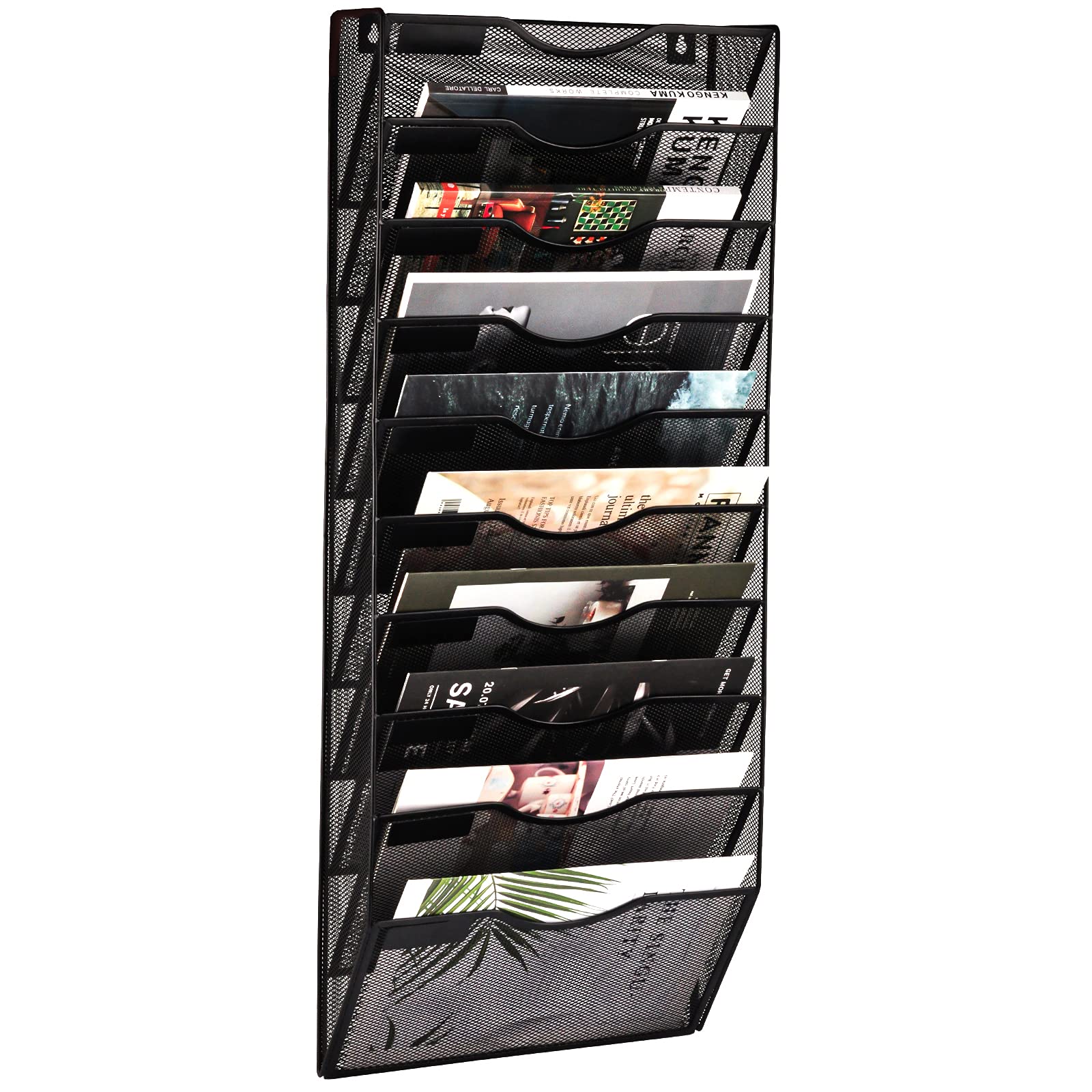 Easepres 10 Pockets Mesh Wall File Holder Organizer Office Hanging Magazine Rack, Black