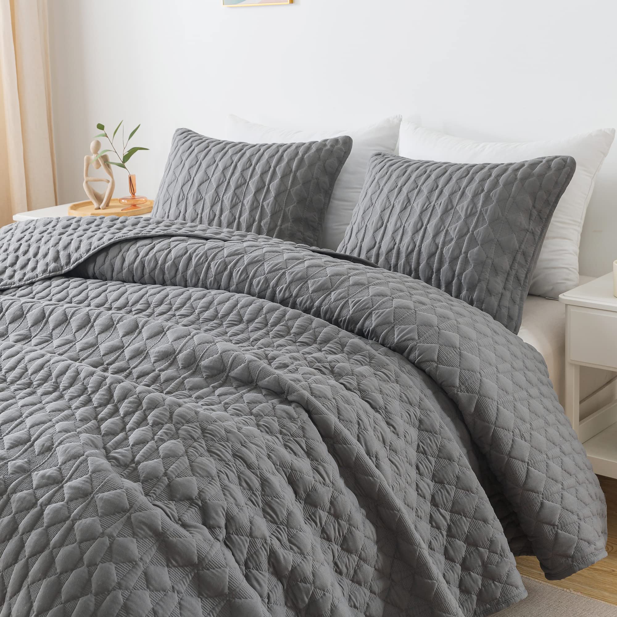Wdcozy Oversized California Cal King Size Quilt Bedding Sets With Pillow Shams, Dark Grey Lightweight Soft Bedspread Coverlet Be