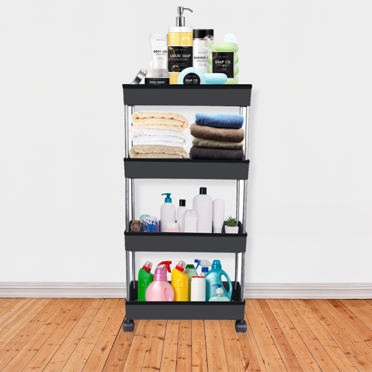 PULSBERY Multipurpose Plastic Trolley with Dish Rack for Kitchen Fruit Vegetable Storage Basket Modern Organizer  4 Layer Stack
