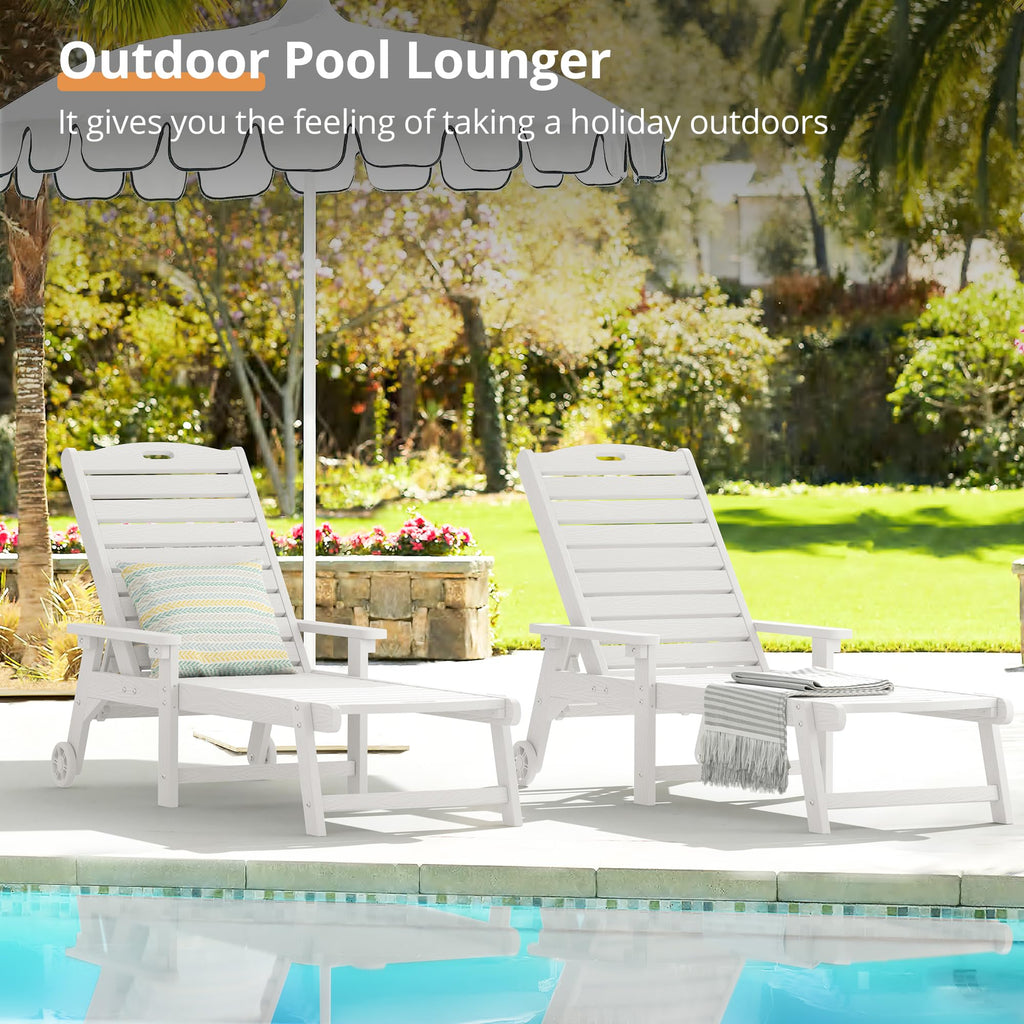 Lue Bona Chaise Lounge Chairs Set With Table, 6-Piece, Hdps Material, 3-Year Warranty, Patio Lounge Chair With Adjustable Backrest, Resin Pool Lounge Chairs With Wheels For Outside, Poolside, White