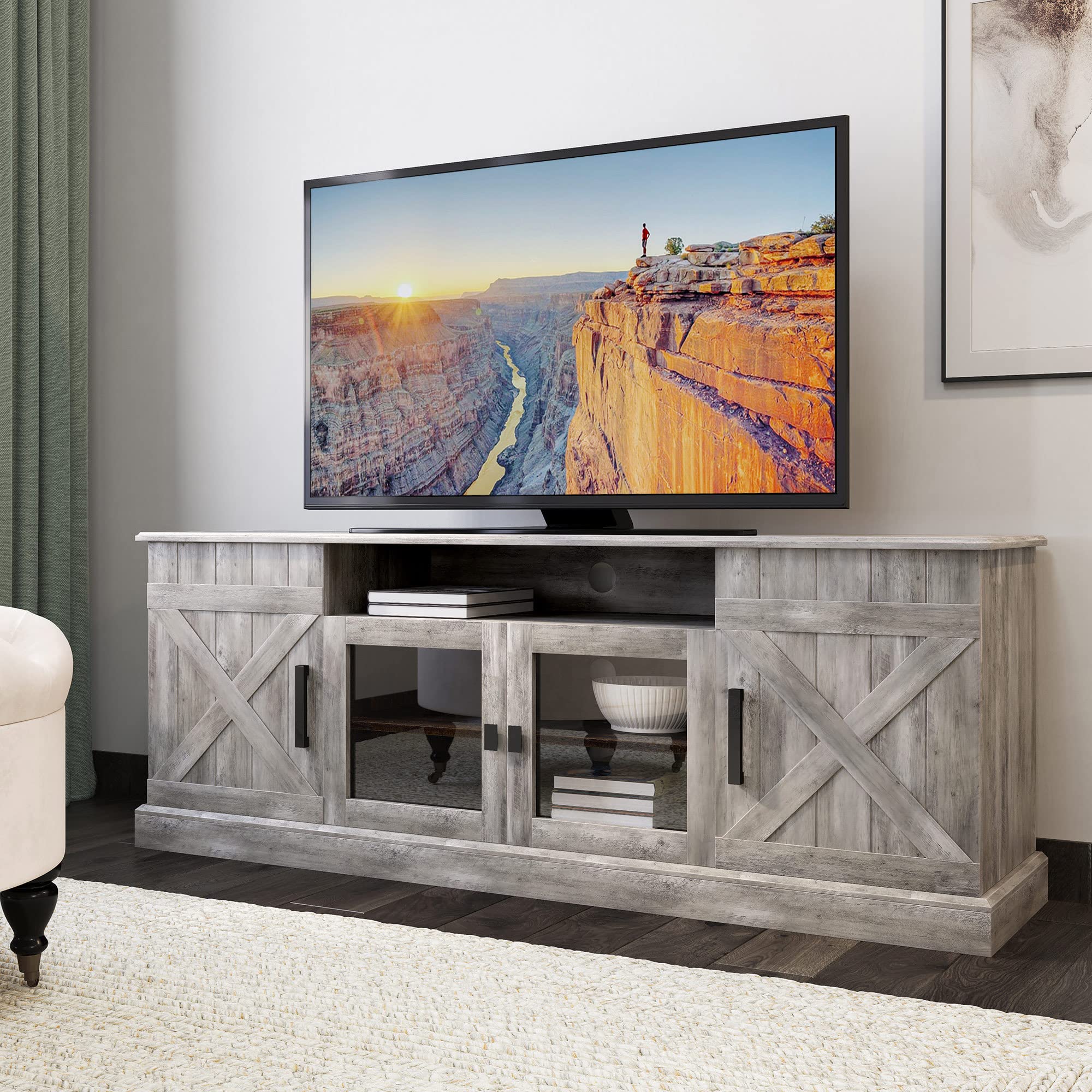 BELLEZE 65 Inch Modern Farmhouse Industrial Style Entertainment TV Stand for TVs Up to 70 Inches, Versatile Media Cabinet with S