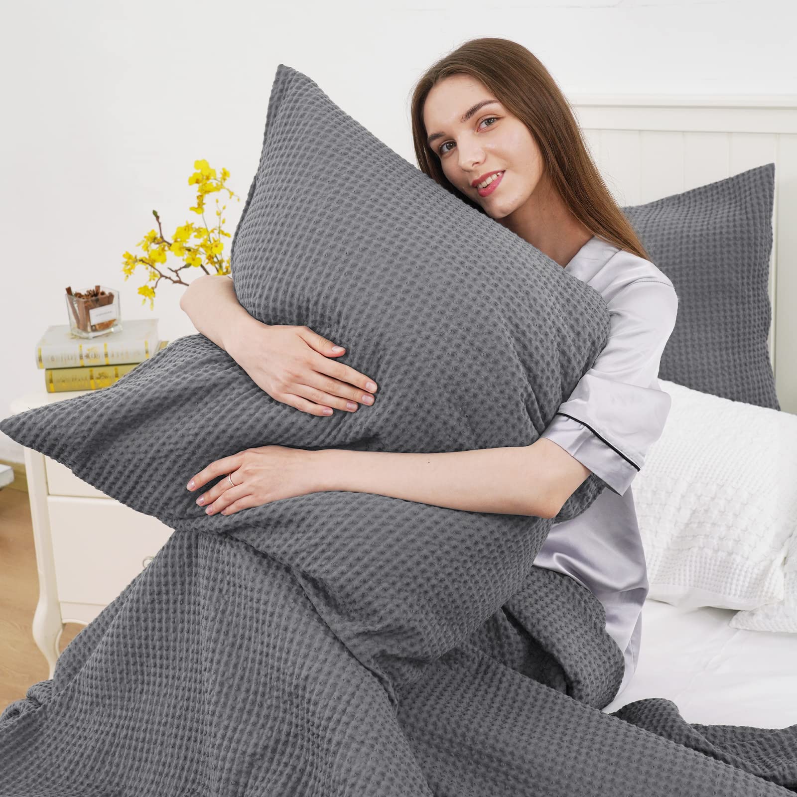 Phf 100% Cotton Waffle Weave Throw Pillow Cover, 24' X 24', No Insert, 2 Pack Square Pillowcases Shell, Elegant Home Decorative Throw Pillow Covers For Bed Couch Sofa, Charcoal Grey