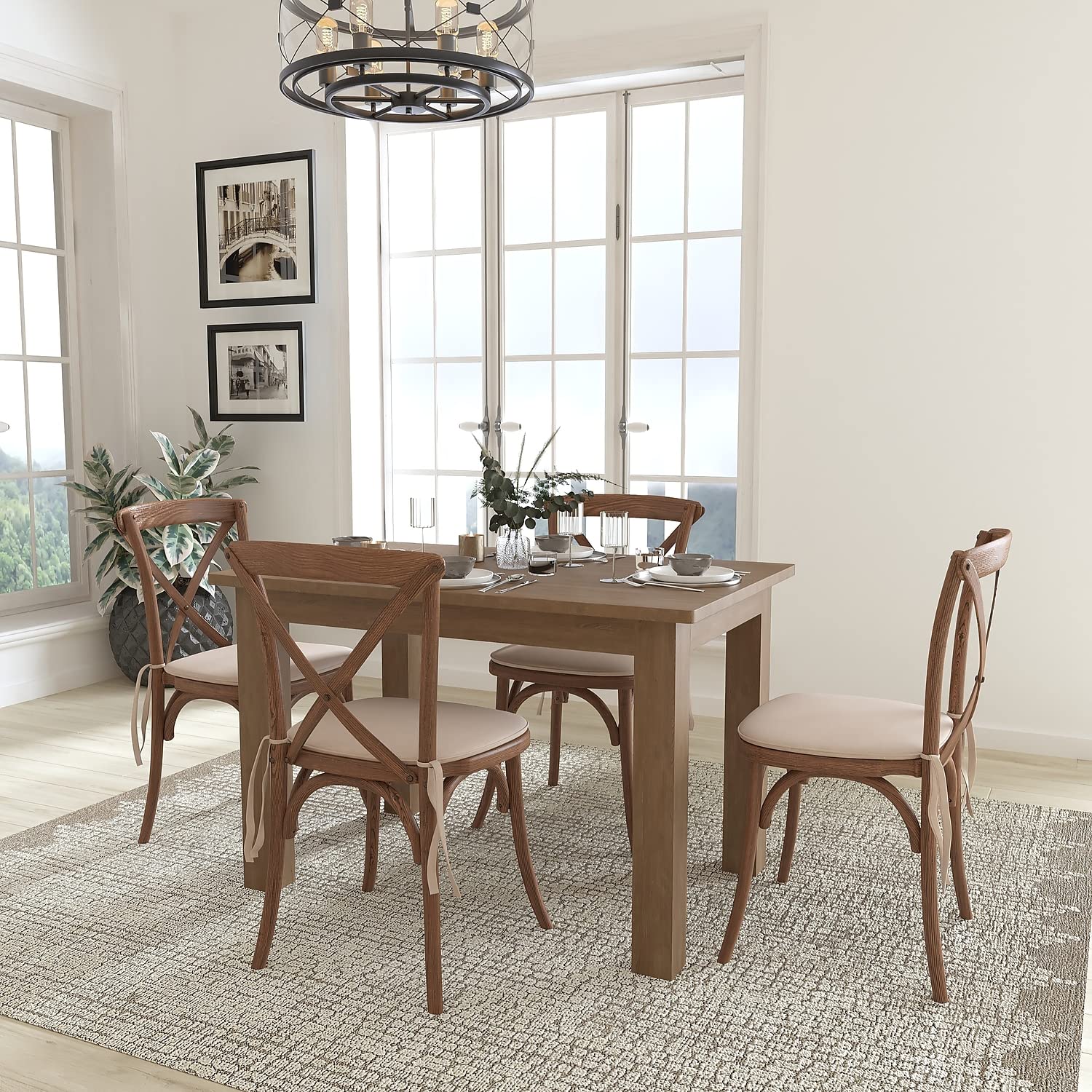 Flash Furniture 46&quot; X 30&quot; Antique Rustic Farm Table Set With 4 Cross Back Chairs And Cushions