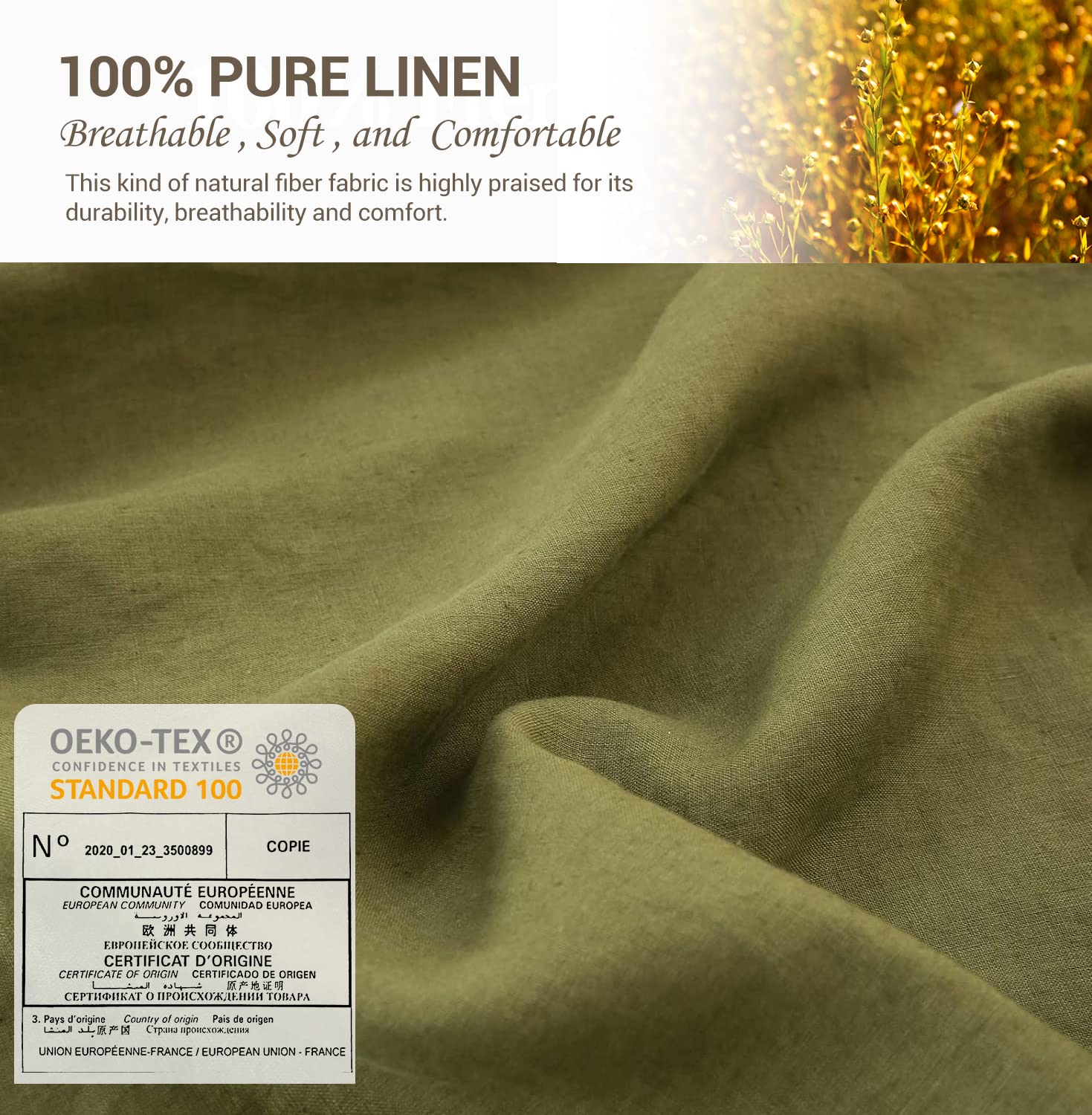 Simple&Opulence 100% Belgian Linen Pillowcase Embroidered-Set Of 2, Queen(Standard) Size(20''X30''), Stone Washed Solid Color-Soft And Durable, Olive Green