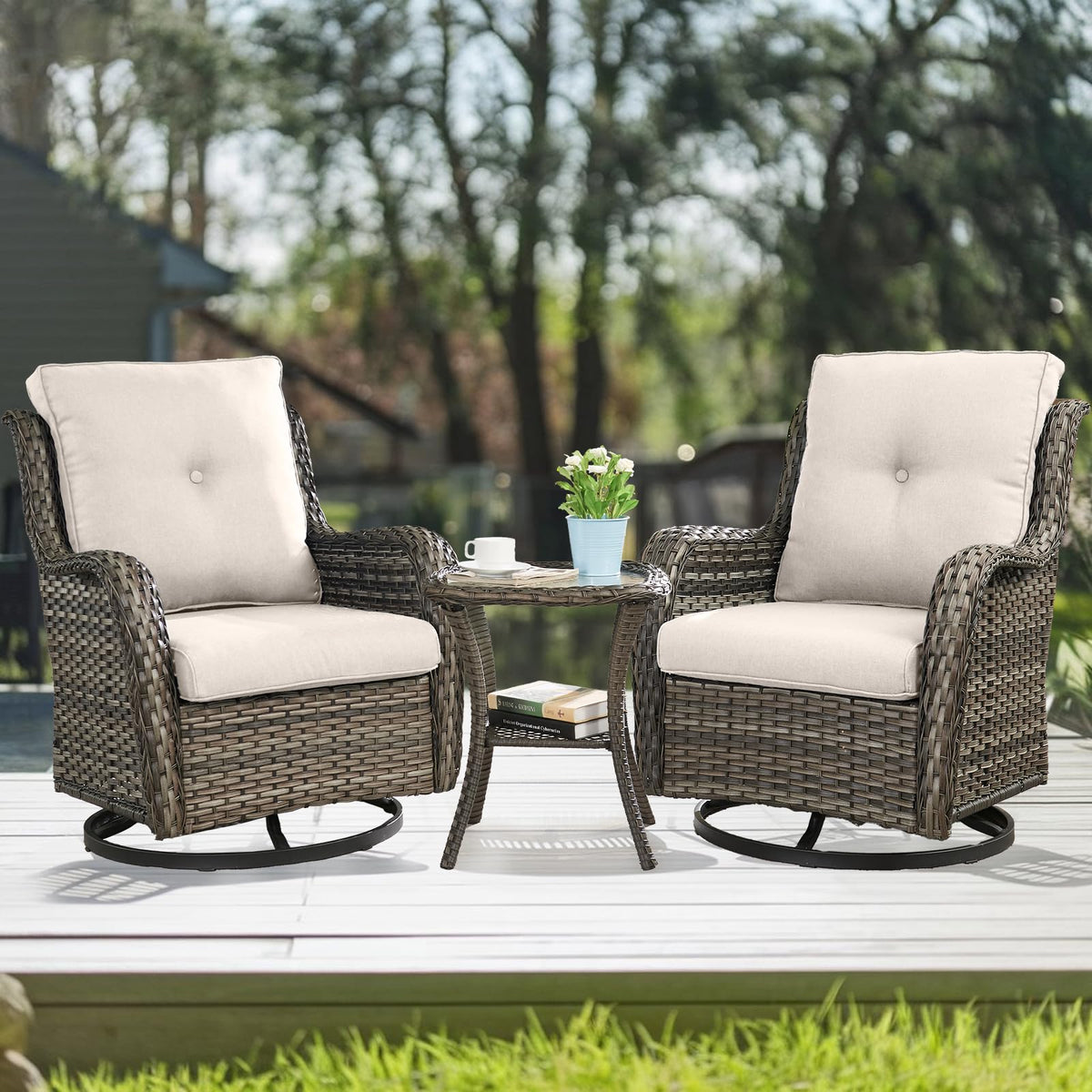 Hummuh 3-Piece Swivel Rocking Rattan Chair Outdoor, Patio Bistro Furniture Conversation Set, Cushioned Wicker Chair With Glass Side Table(Grey, Beige)