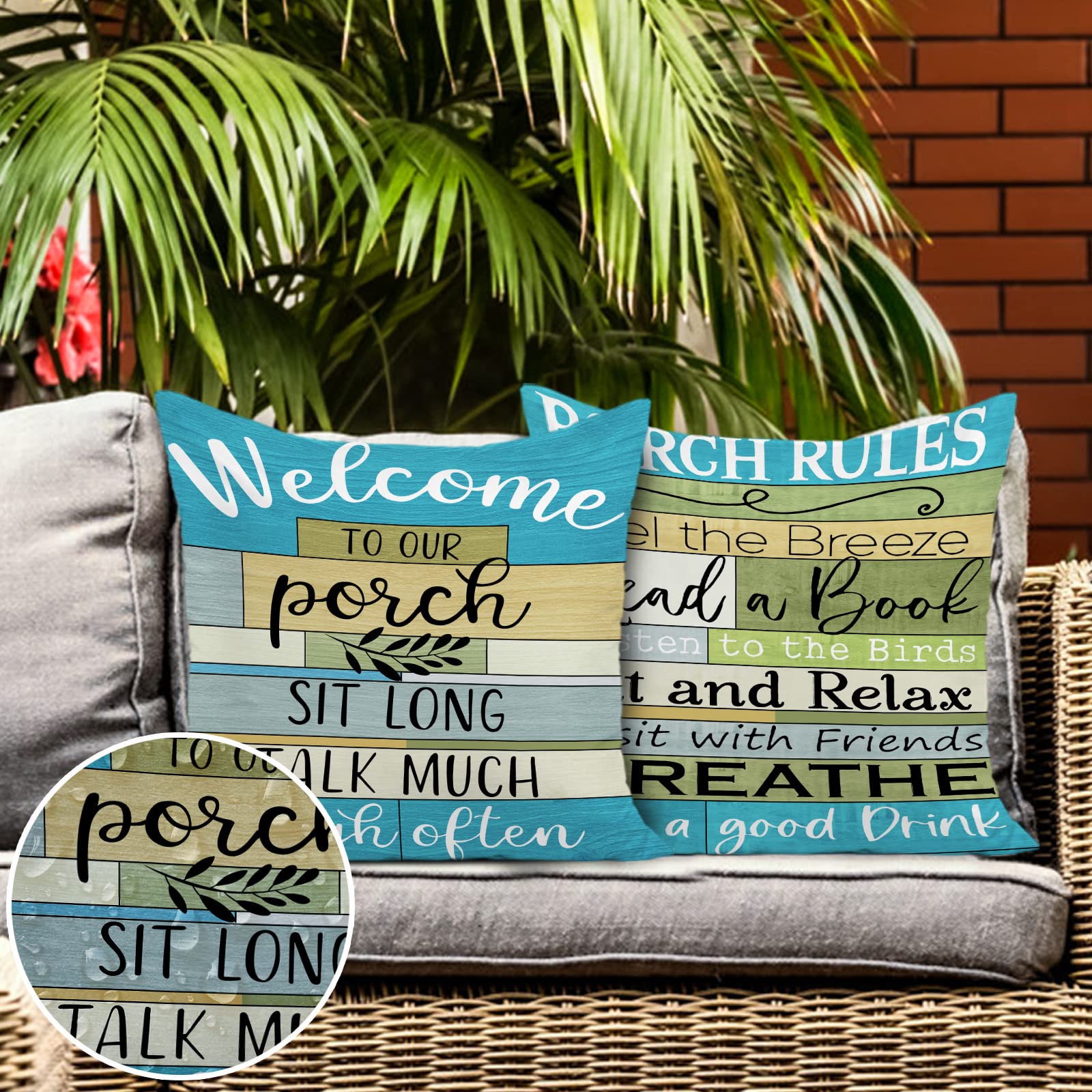 Jartinle Turquoise Striped Outdoor Pillows Covers 18X18 For Patio Furniture Waterproof, Welcome To Our Porch Throw Pillow Covers Square Linen For Couch Outside Bench Set Of 2